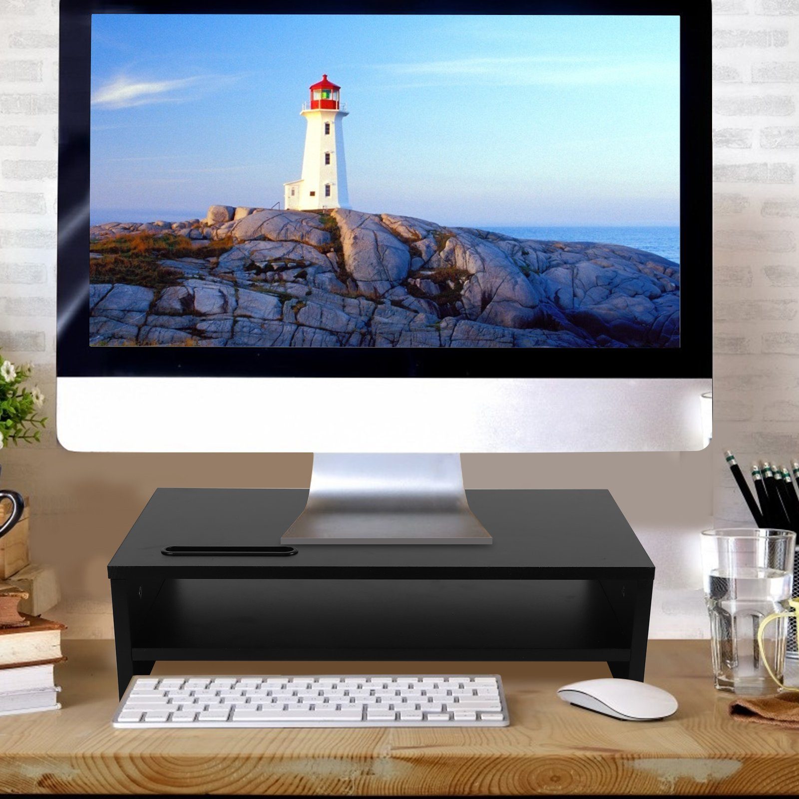 Clanmacy Monitorständer für Schreibtisch Monitorerhöhung mit Stauraum  Bildschirm Tisch Aufsatz Schwarz Monitorständer
