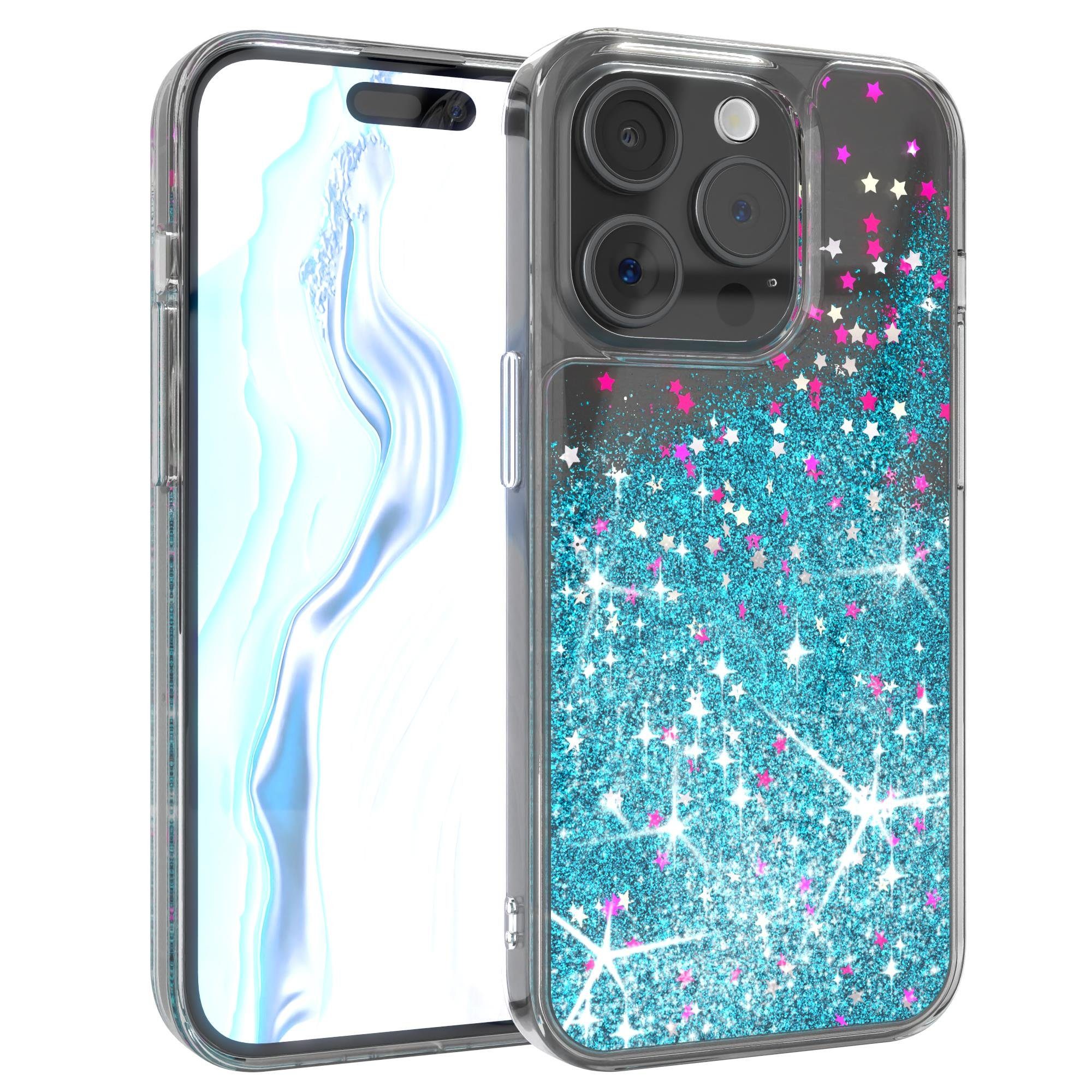 EAZY CASE Handyhülle Liquid Glittery Case für Apple iPhone 15 Pro 6,1 Zoll, Gloss Slimcover Girly Backcover Bling Phone Case kratzfeste Cover Blau