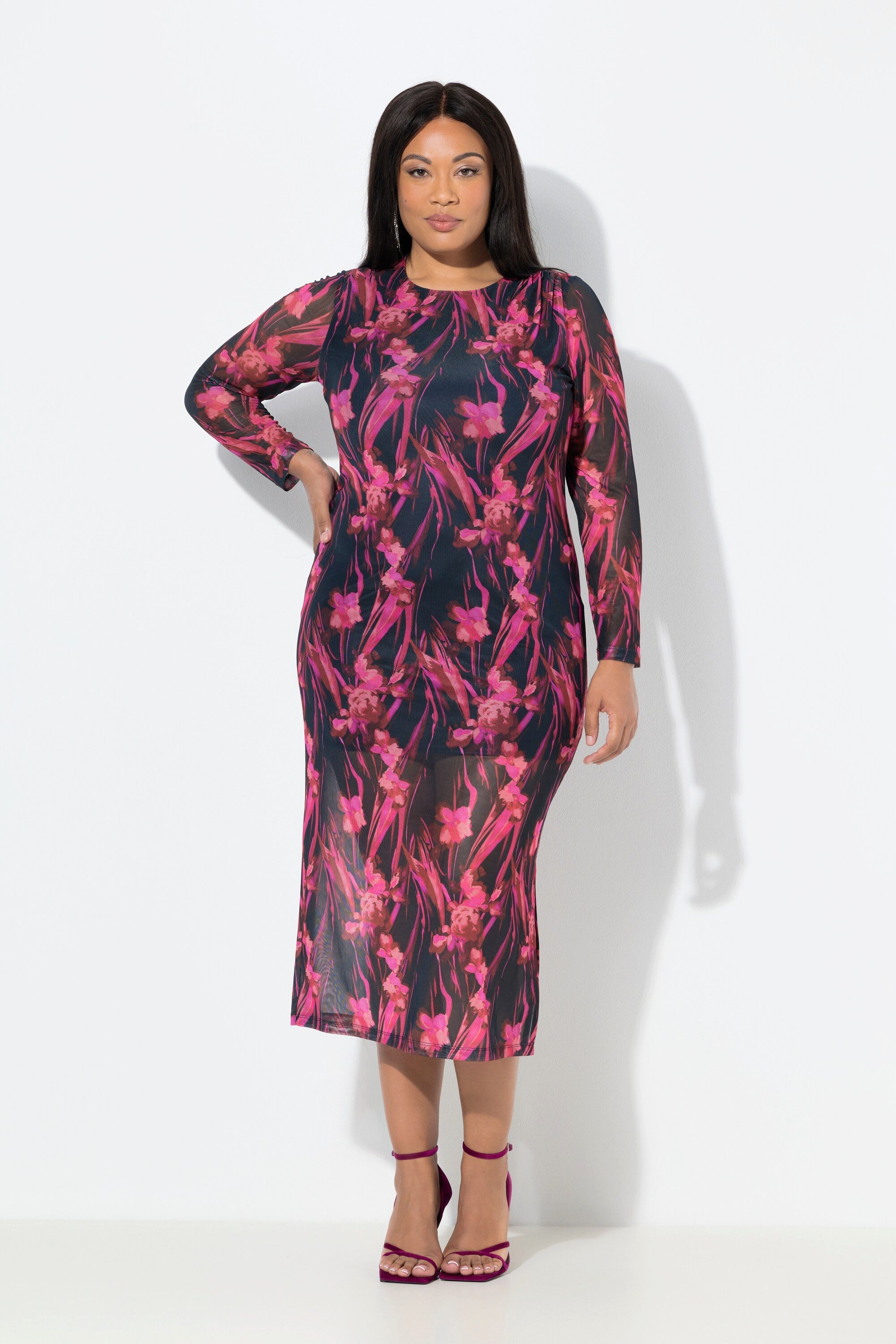 Ulla Popken Midikleid Mesh-Maxikleid Raffung Rundhals Langarm günstig online kaufen