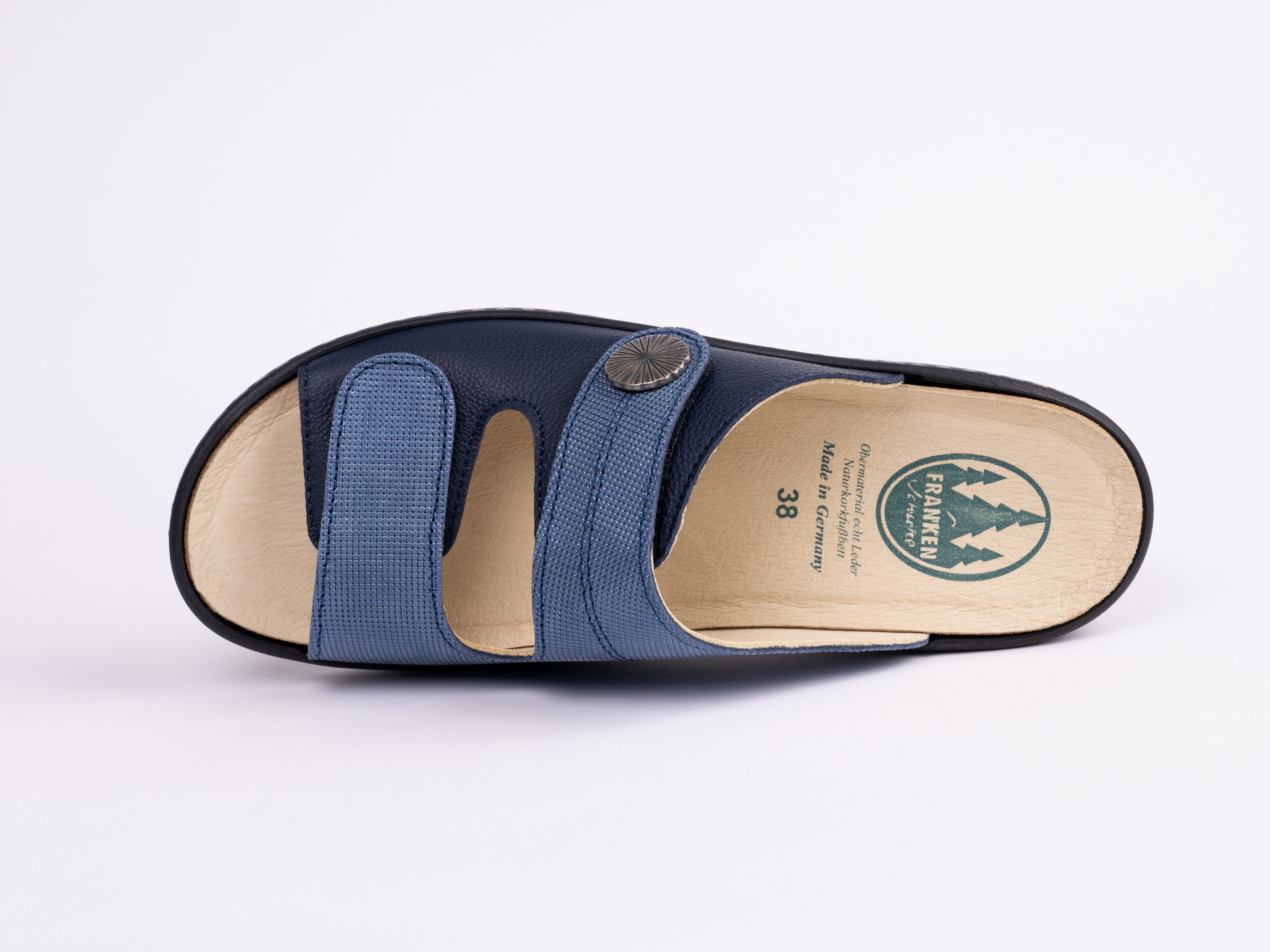 Franken-Schuhe Art. 3020-W40 Farbe: blue sky Damen Pantolette (lose Korkeinlage, Comfortweite "H", Made in Germay) echt Leder, lose Einlage, Weite "H"