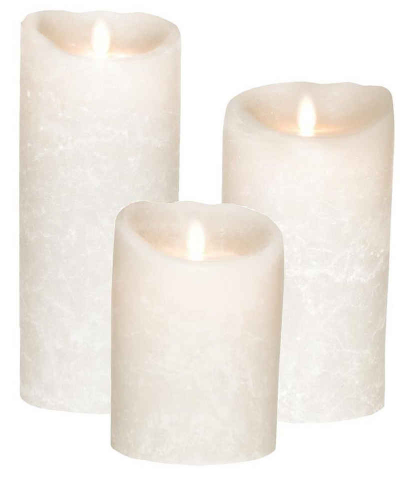 SOMPEX LED-Kerze 3er Set Flame LED Kerzen weiß Frost 12,5/18/23cm (Set, 3-tlg., 3 Kerzen, Höhe 12,5/18/23cm (je 8cm Durchmesser), mit Timer, Echtwachs, täuschend echtes Kerzenlicht