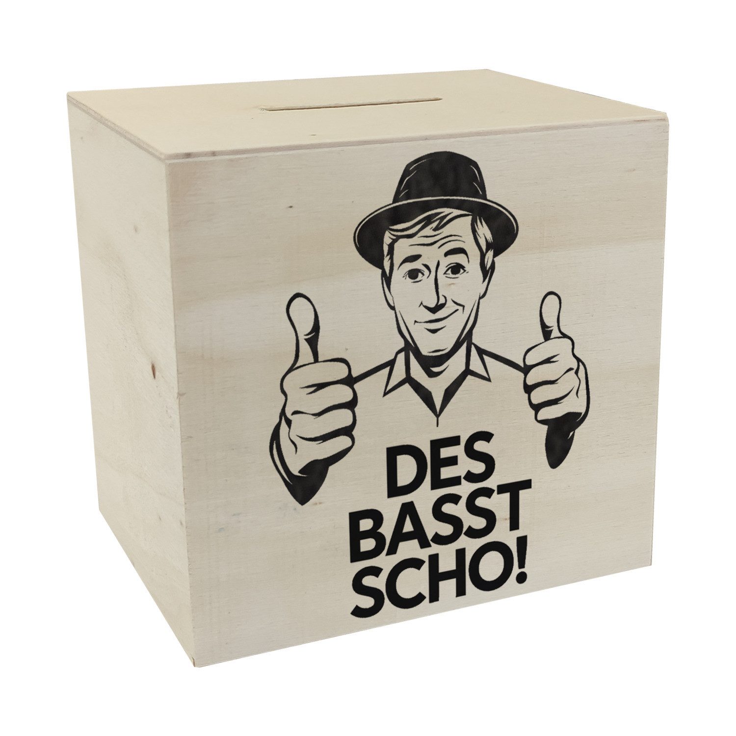 speecheese Spardose Mann mit Daumen hoch Des basst scho Spardose aus Holz, Sparschwein, Sparbüchse