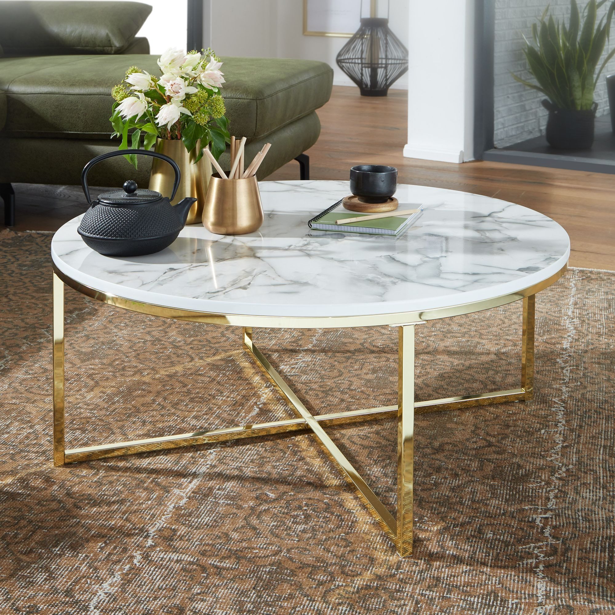 furnicato Couchtisch Runder Sofatisch 80x80 cm Weiß Marmor-Optik Gold (1-St)
