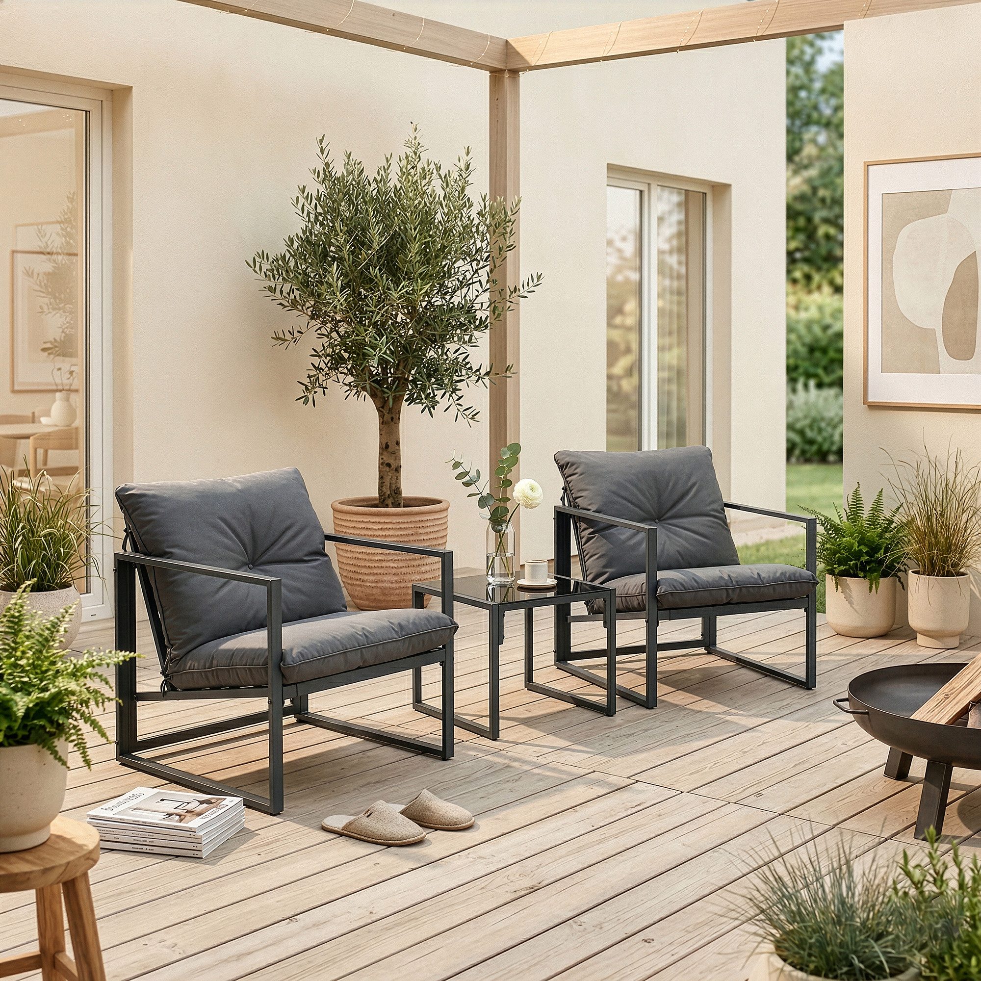 casa.pro Gartenlounge-Set, (Set, 3-tlg), »Karg« Couchtisch mit 2 Sesseln Kissen Metall Dunkelgrau