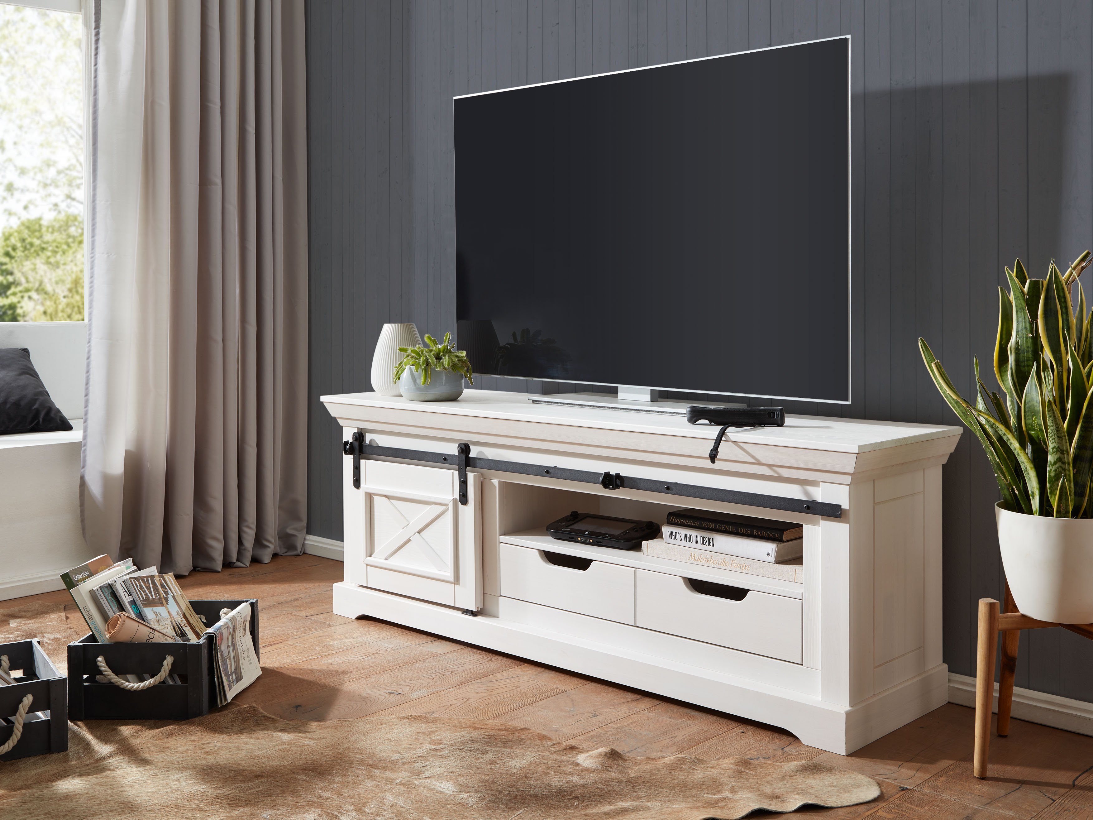 Woodroom TV-Schrank Maribo Kiefer massiv weiß 153x57x40 cm