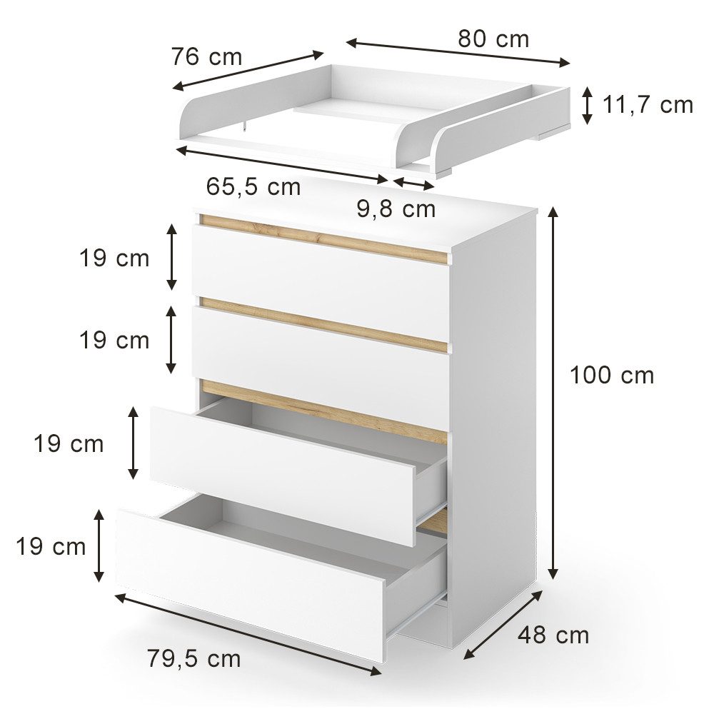 VitaliSpa® Wickelkommode Emmi, Weiß/Goldkraft Eiche, 80 x 111.7 cm mit 4 Schubladen