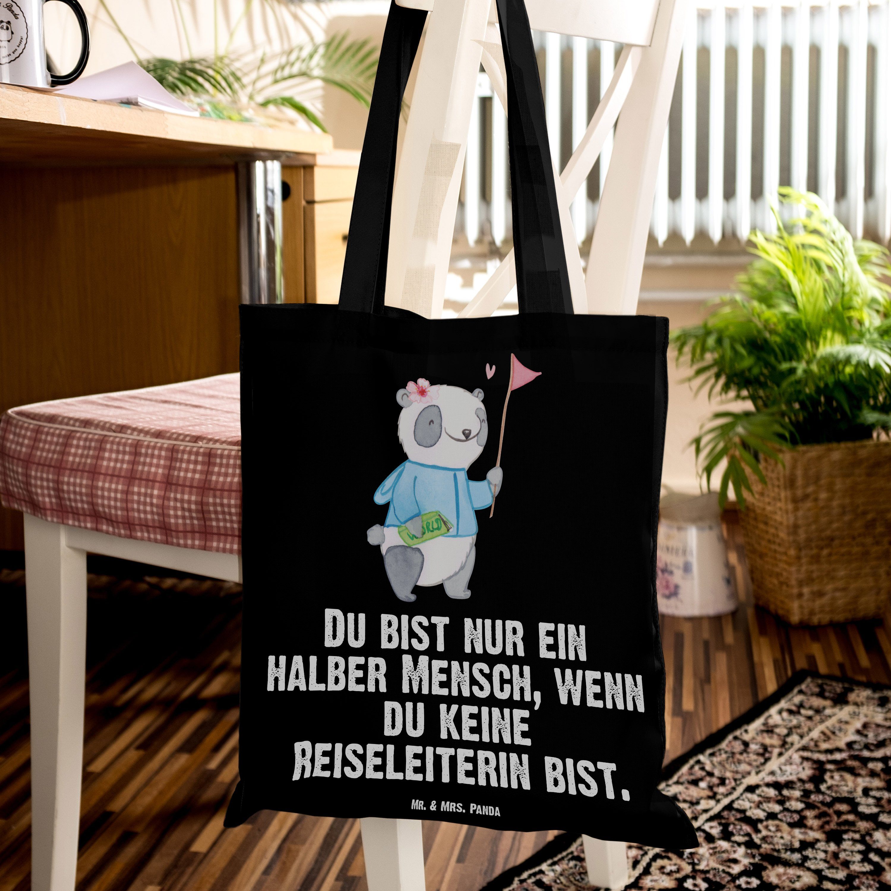 Mr. Reiseleiterin & Herz Mrs. Einkaufsta Schwarz Tragetasche (1-tlg) Beuteltasche, Panda - - Geschenk, mit