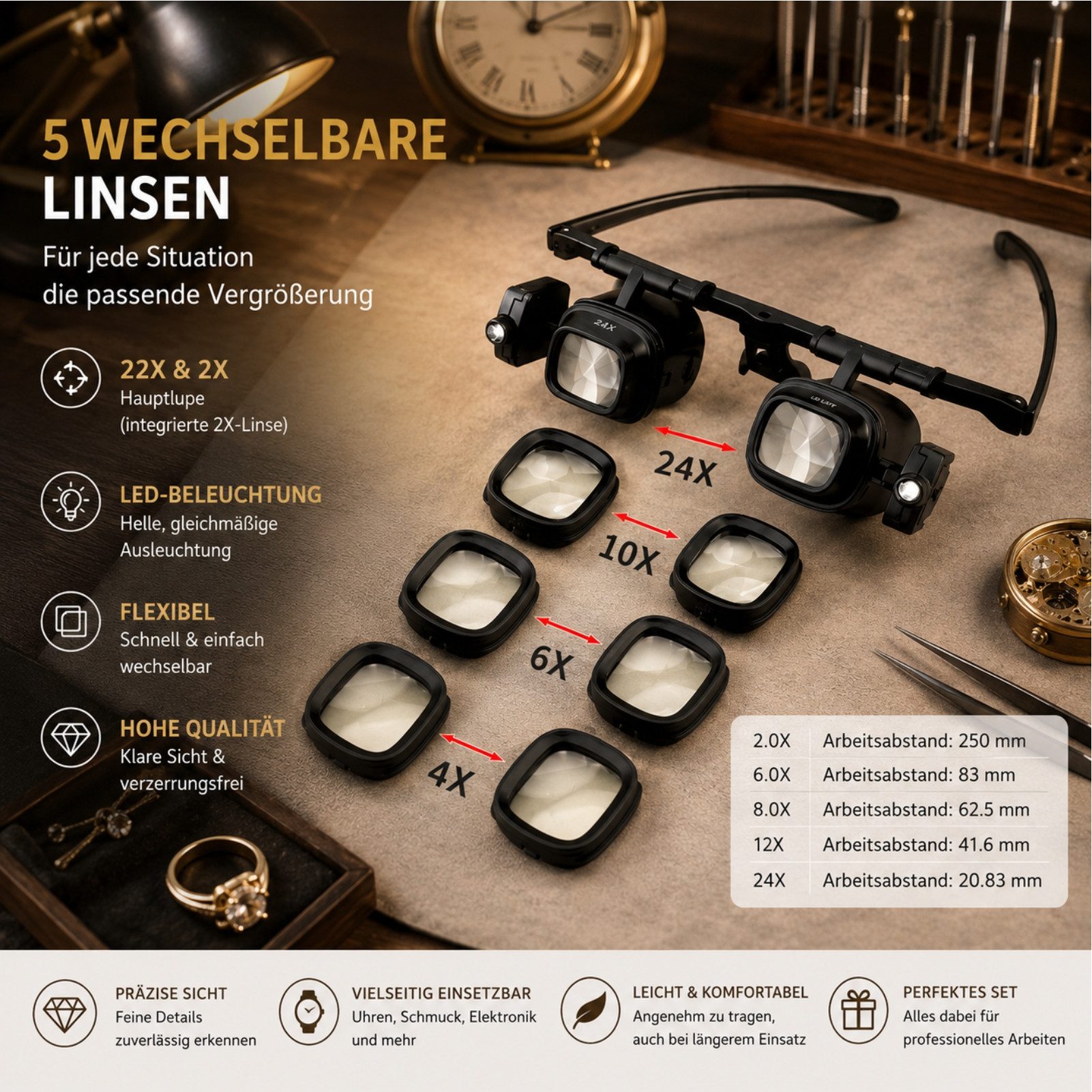 Solarandmore Leuchtlupe verschiedene Vielfache,Brille,Leuchtlupe,Schweißen,Reparaturwerkzeug, set, 2-fach,6-fach,10-fach,24-fach,Hohe Vergrößerung,Lötwerkzeuge, – Bild 3 von 5