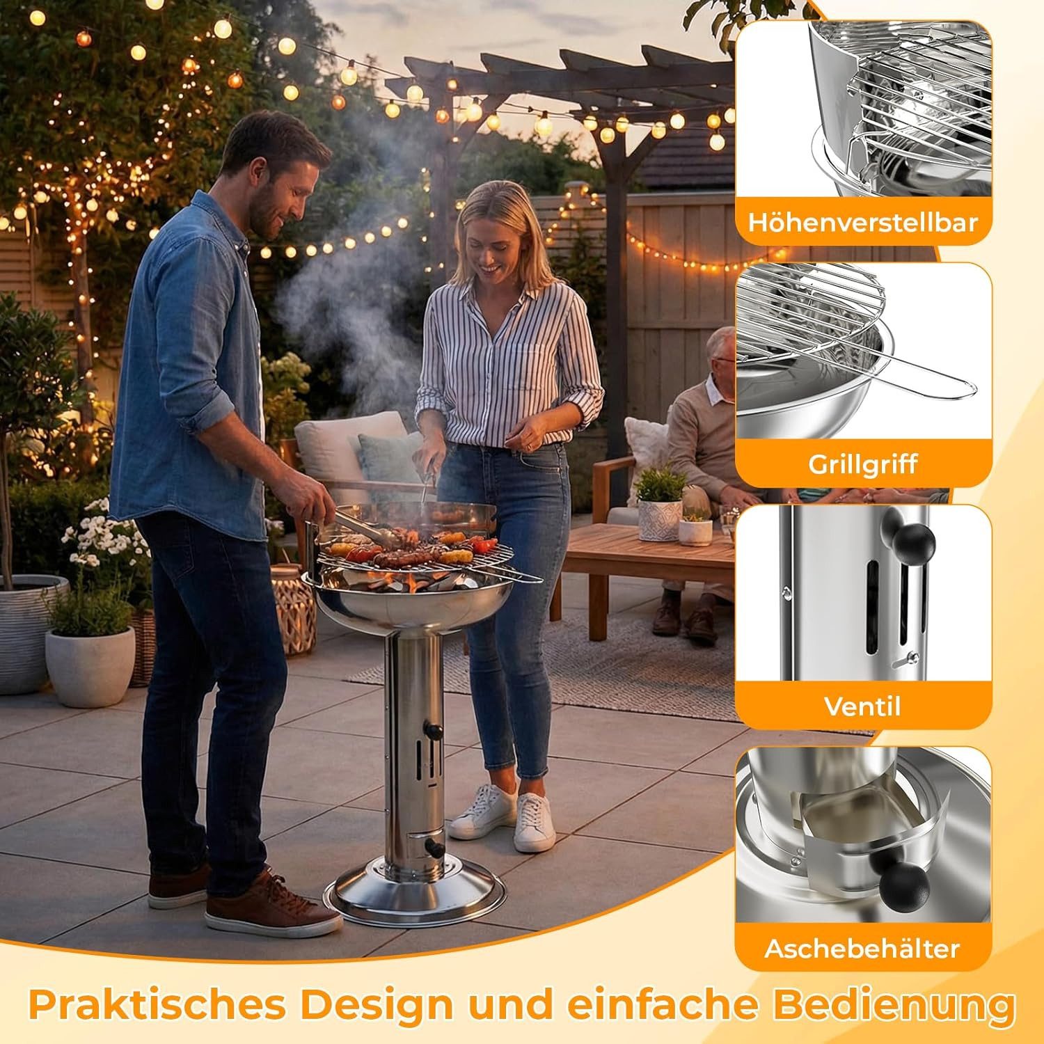 TLGREEN Holzkohlegrill Wetterfest 40x40x69cm, 3-fach Höhenverstellbarer Säulengrill mit Verchromtem Grillrost, Aschekasten & Belüftung, Premium Outdoor, BBQ Grill für Camping, Balkon, Garten, Picknick