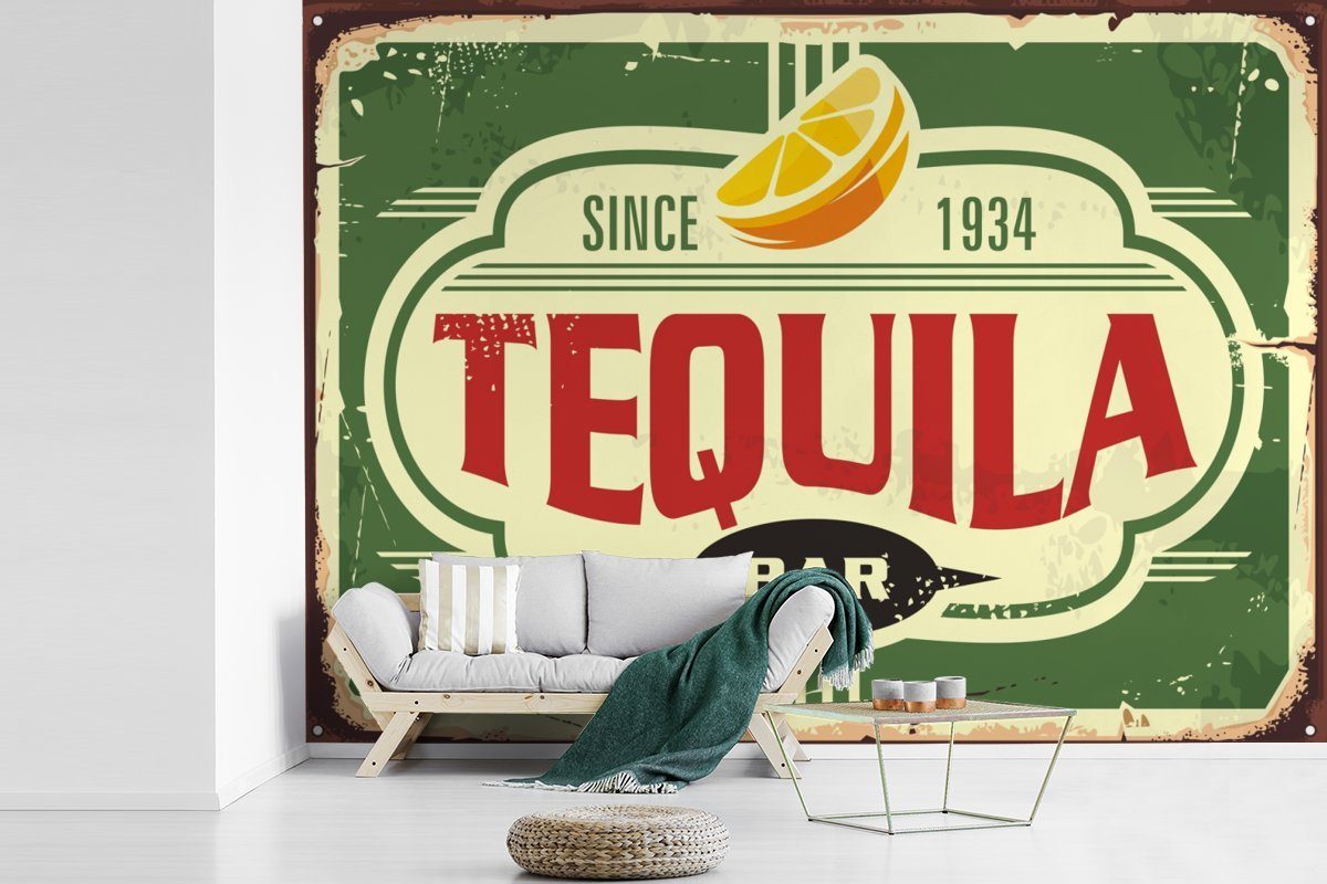 Tequila Werbeschild, St), Montagefertig Vinyl - (6 Vintage Wandtapete bedruckt, Matt, Wohnzimmer, Fototapete - für Tapete MuchoWow