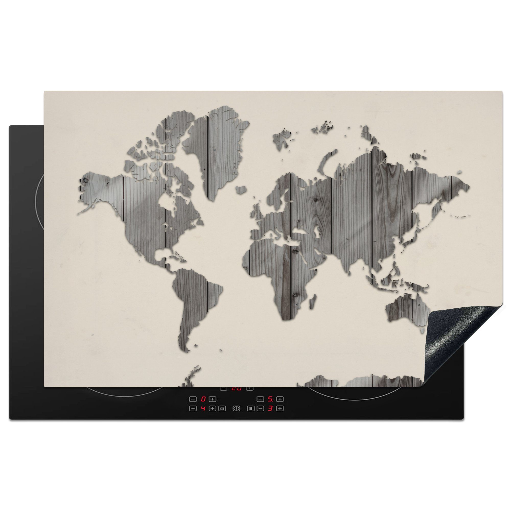 MuchoWow Herdblende-/Abdeckplatte Weltkarte Induktionskochfeld tlg), Schutz - (1 Ceranfeldabdeckung die für Vinyl, 81x52 - Beige Weiß, - Schwarz cm, küche