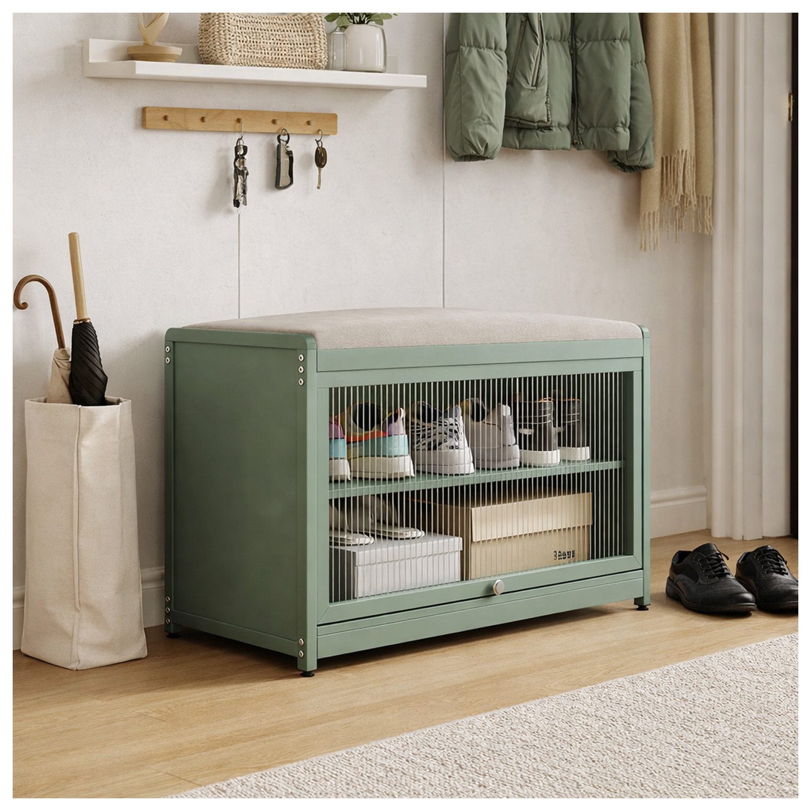 HTI-Living Schuhschrank mit Schiebetür und Sitzkissen Grün (1 Stück, 1-St., 1 Schuhschrank mit Sitzkissen) Sitzkissen mit Polyesterbezug in Leinenoptik