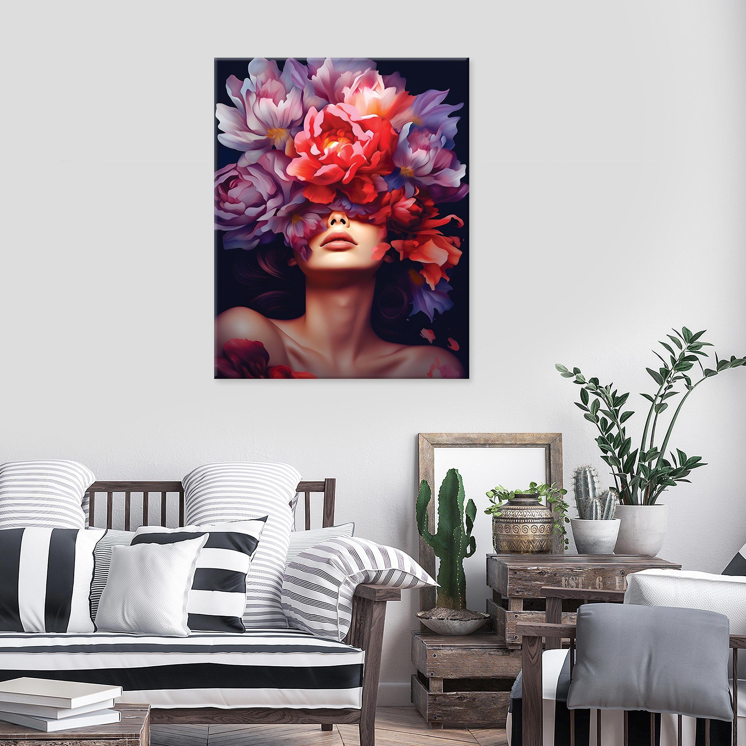 Leinwandbild 1 Kunst Wandbild Frau St), (Einteilig, Blumen Bilder XXL Art Wallarena Abstrakt Groß Bild Leinwandbilder Leinwandbild Modern, Buntes Aufhängefertig Leinwand