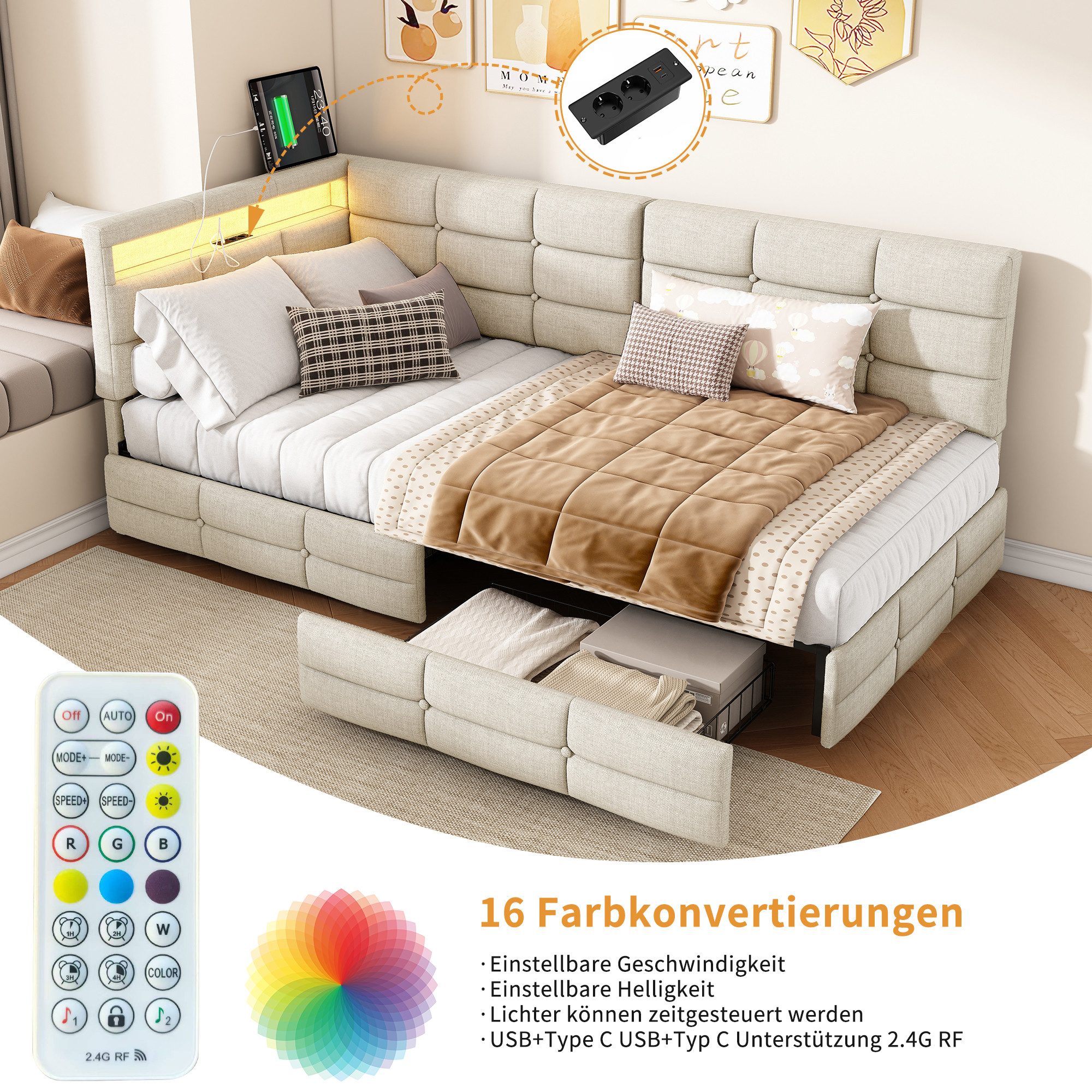 PXloue Polsterbett Daybett Tagesbett, Schlafsofa,2 Schubladen, Mit LED und USB-Ladeanschluss,90x200 cm