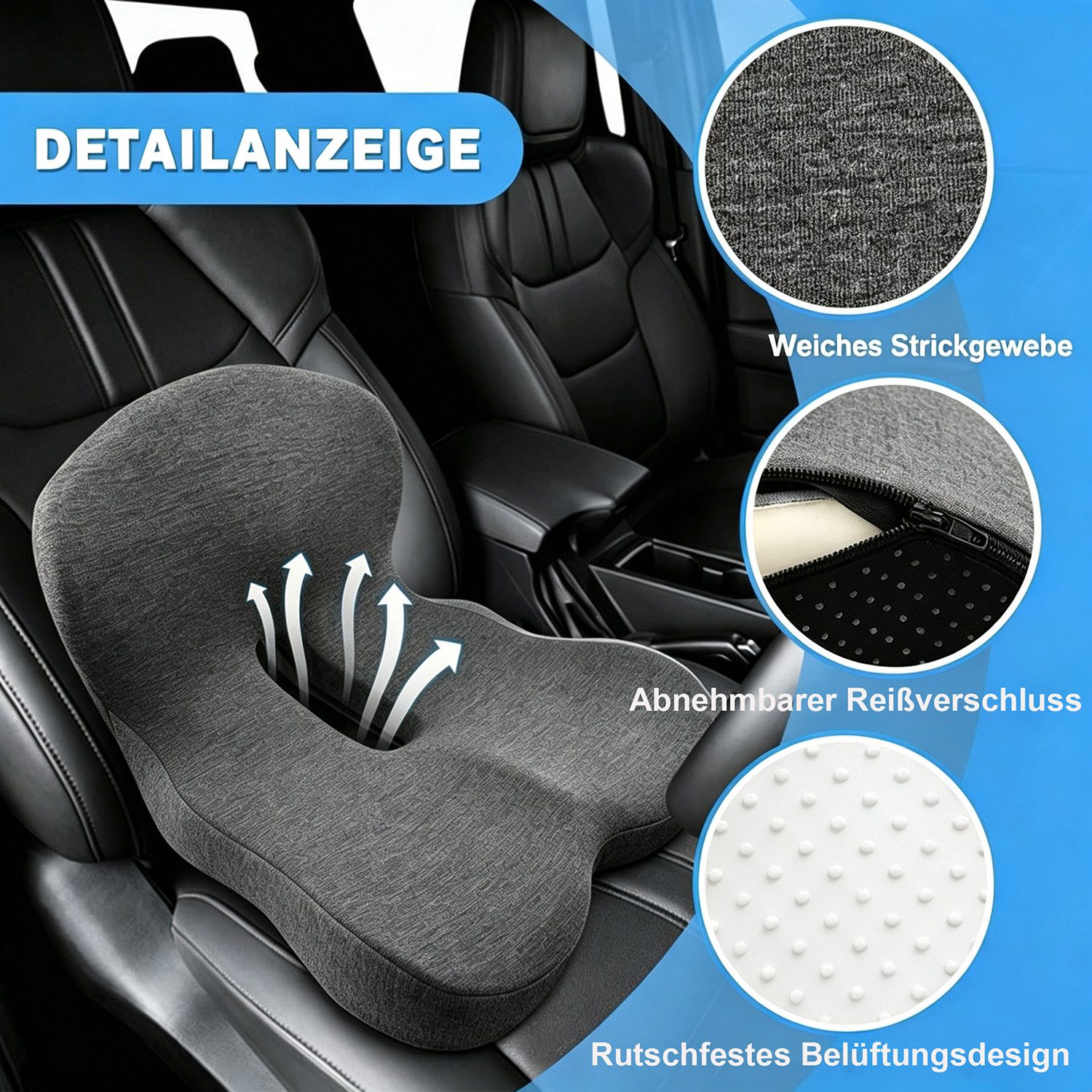 ibettertec Sitzkissen Hämorrhoiden Sitzkissen Orthopädisch für Hämorrhoiden Eisseide Gewebe, Ergonomisches Sitzring Memory Foam Kissen für Bürostuhl Auto Rollstuhl