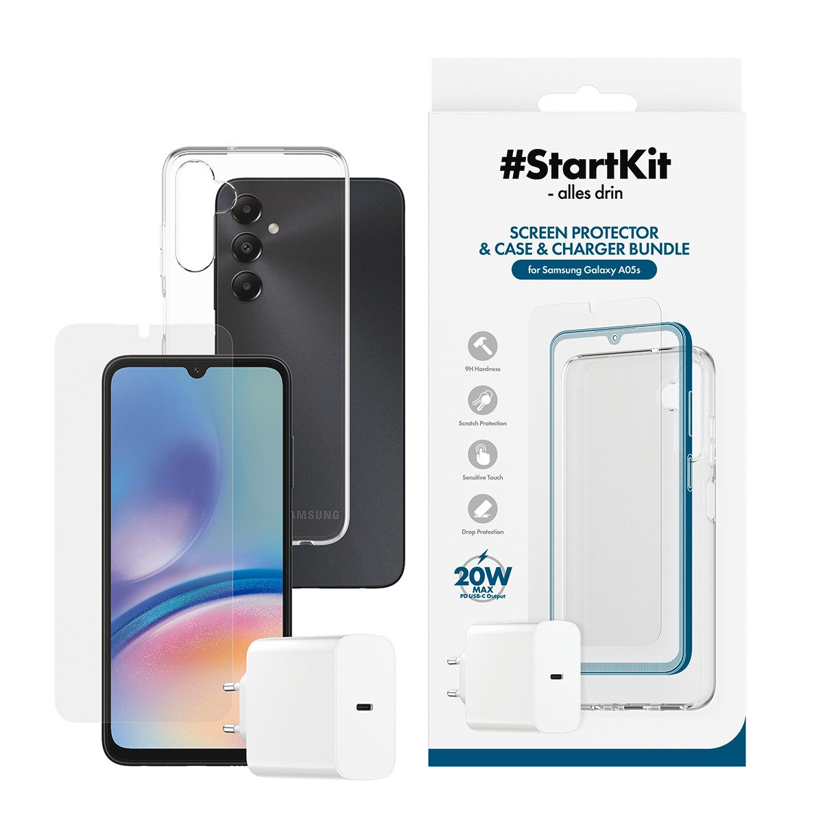 CARE by PanzerGlass StartKit - alles drin - Screen Protector, Case & Charger USB-Ladegerät (Set, 3-tlg., 20W Ladegerät, Displayschutzglas, TPU-Schutzhülle, 3-in-1 Bundle für Samsung Galaxy A05s)