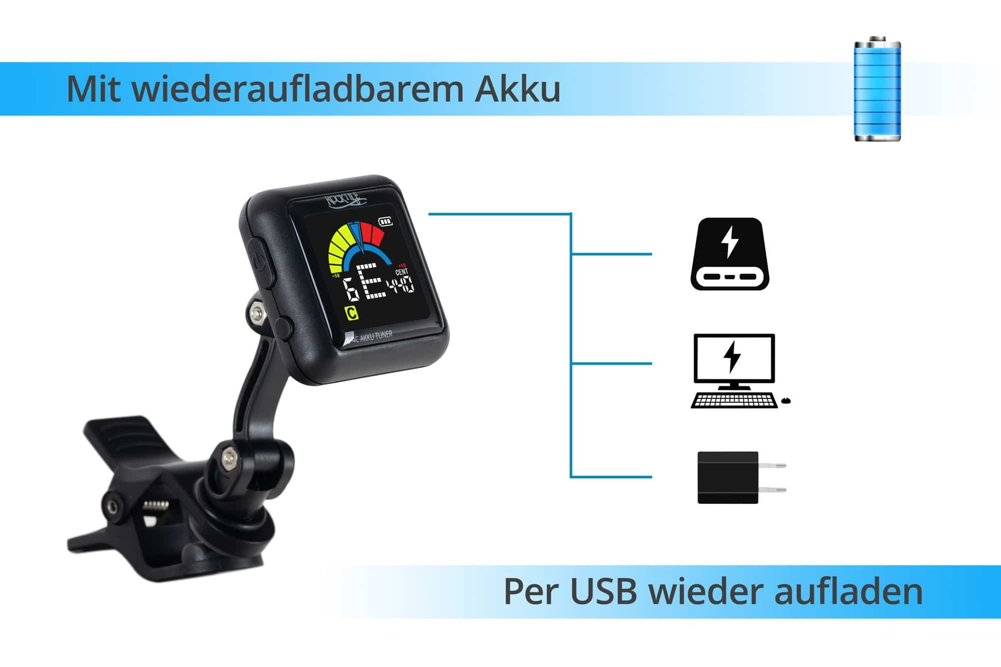 Rocktile Stimmgerät 5-4C AKKU Clip Tuner, (inkl. USB-Ladekabel, 2-tlg), mit integriertem Akku - geeignet für Gitarre, Bass, Ukulele & Violine – Bild 5 von 5