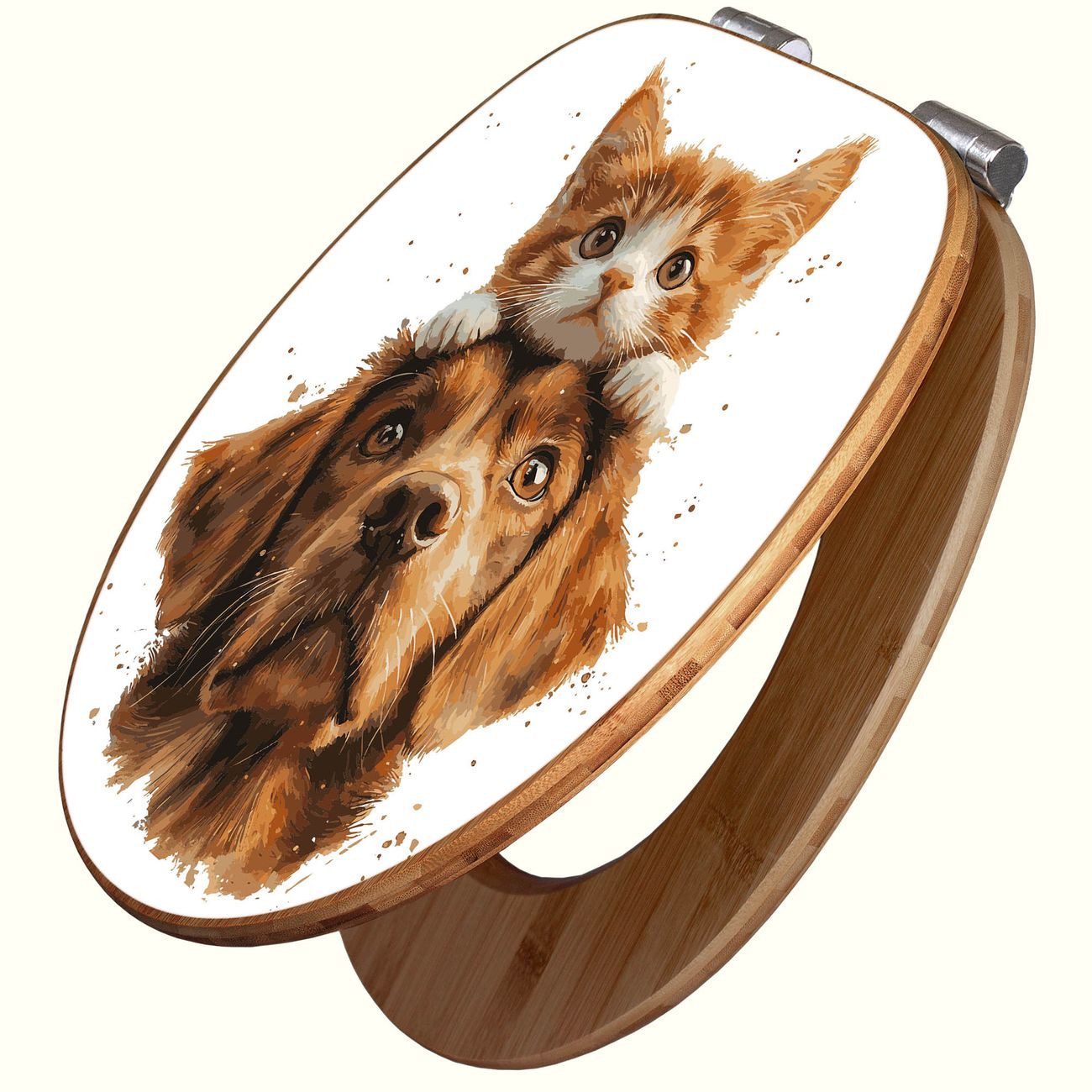 banjado WC-Sitz aus Bambus mit Absenkautomatik Motiv Katzen- und Hundefreunde (umweltfreundliches Material, integrierte Absenkautomatik), 45,8 x 37,5 x 5 cm