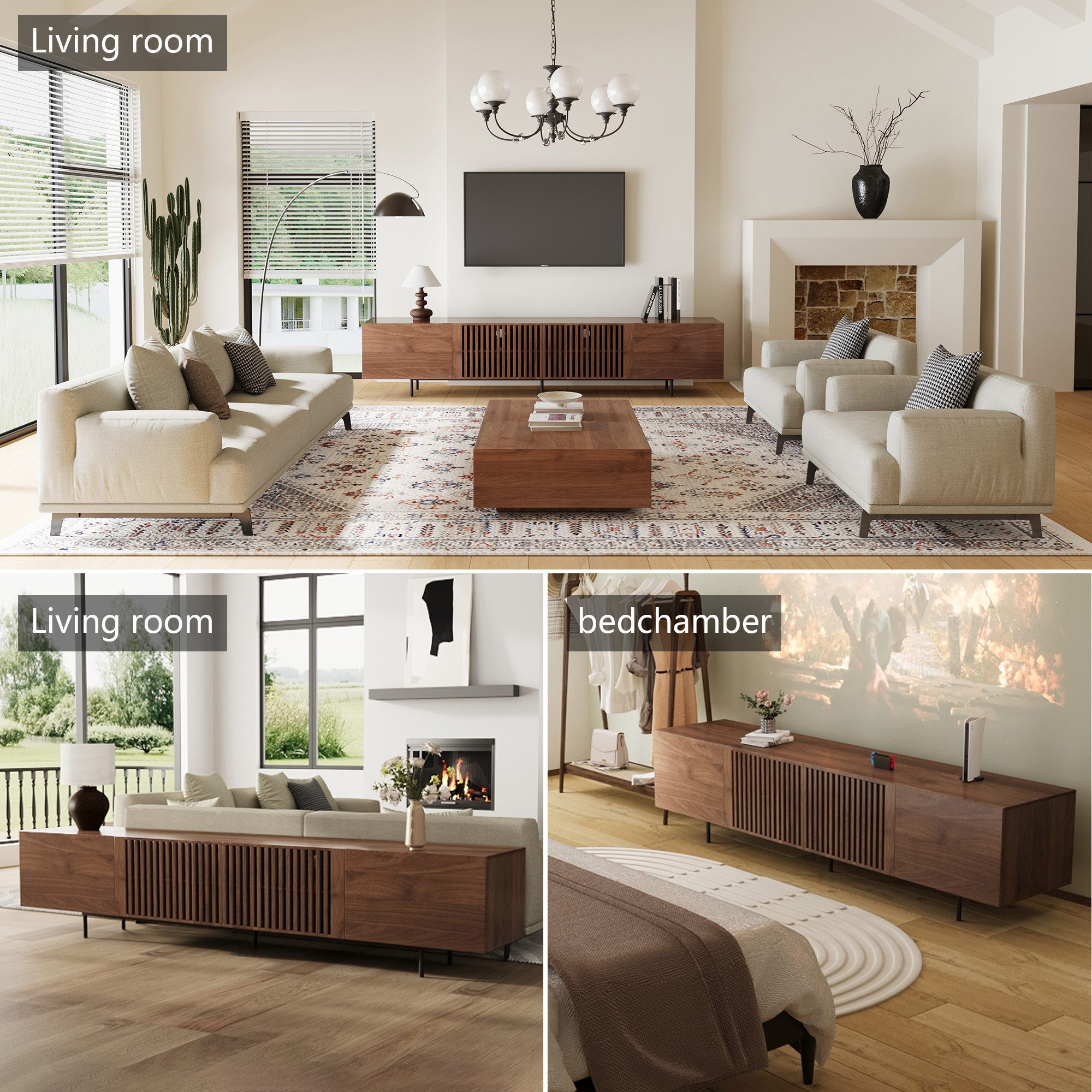 oleyluckidea TV-Schrank TV Lowboard in Walnuss Fernsehschrank für 75-Zoll TVs mit Stauraum Breite 180/240 cm