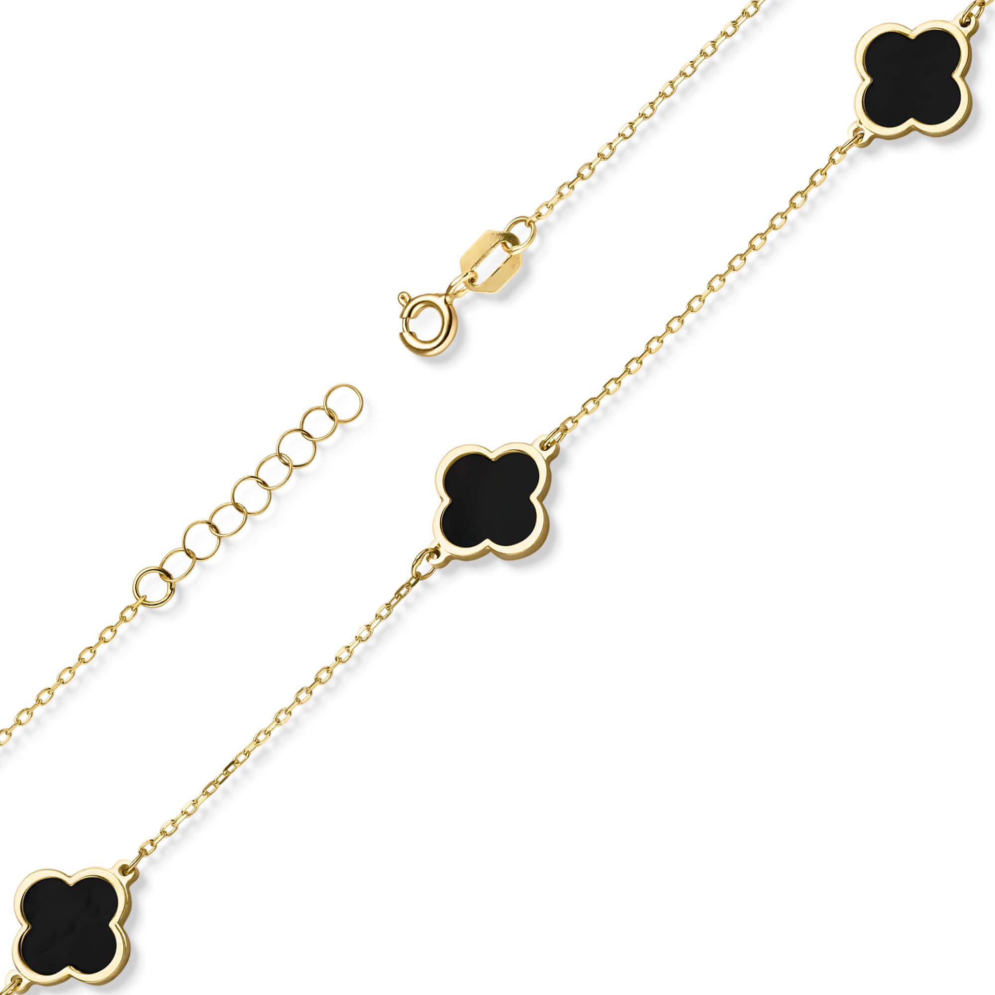 Schmuck Krone Goldarmband Armband 3 Kleeblatt-Blumen mit Onyx 585 Gelbgold 20cm, Gold 585