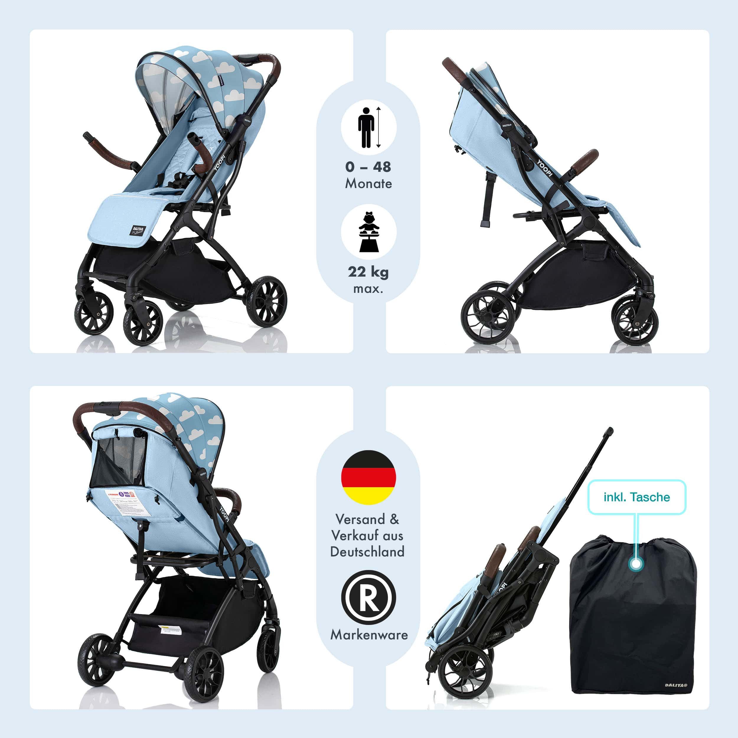 Daliya® Kinder-Buggy YOOPI Reisebuggy, kompakt faltbar, mit Teleskopgriff, Flugzeug Buggy, Stadt-Buggy, Reisebuggy, faltbar, Alurahmen, sicher, gefederte Räder