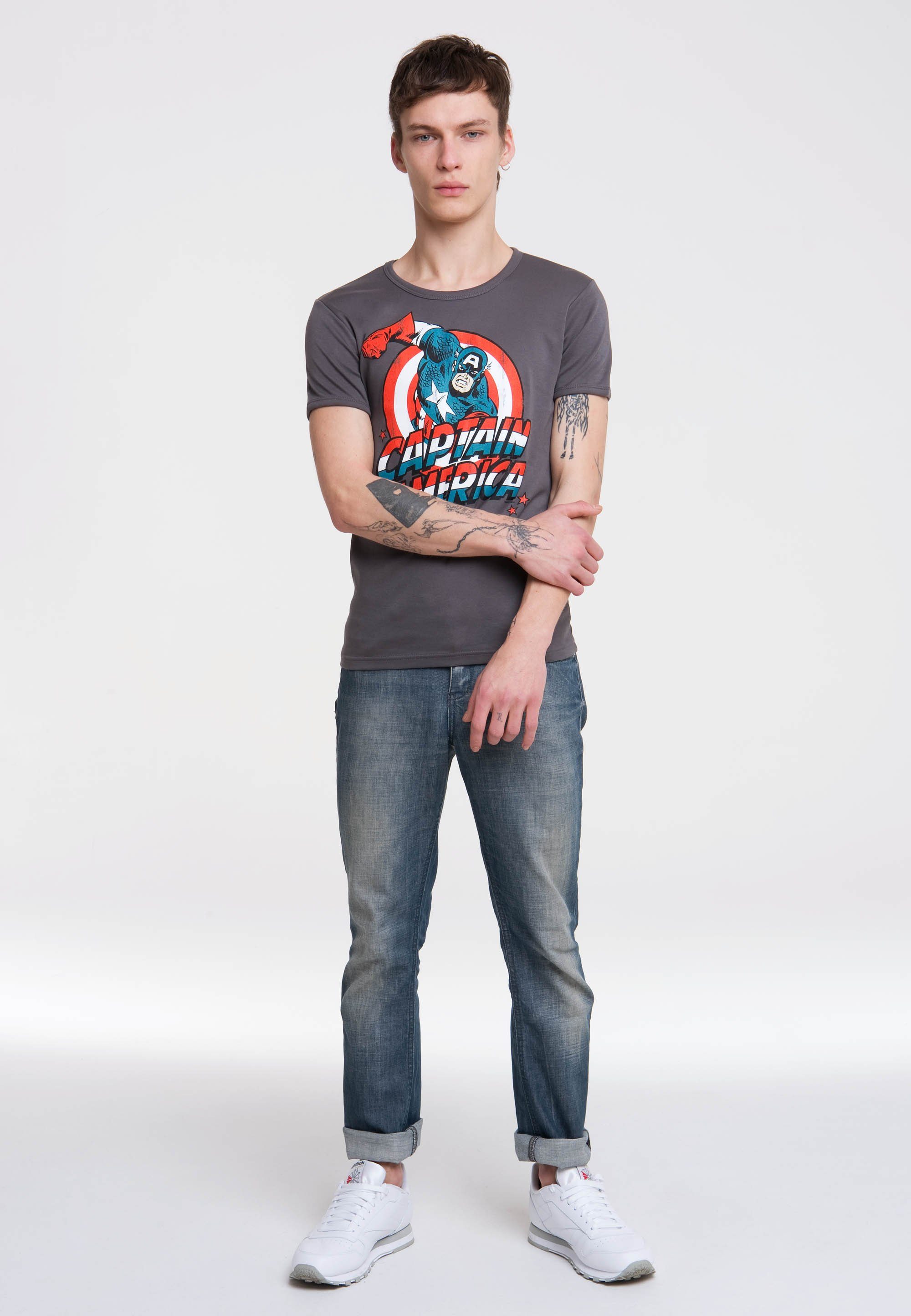 LOGOSHIRT T-Shirt Captain America mit Retro-Frontprint grau