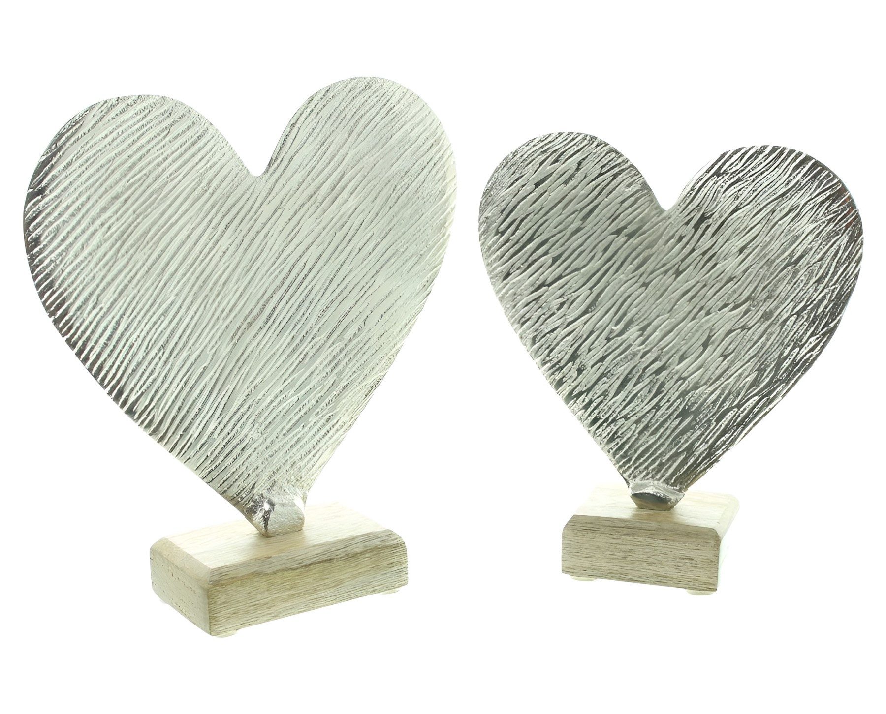 Dekoleidenschaft Dekofigur Herz "Silber" aus Aluminiumguss mit Antik Finish, Skulptur, Dekoherz (2 St., im Set), auf Sockel aus Mangoholz