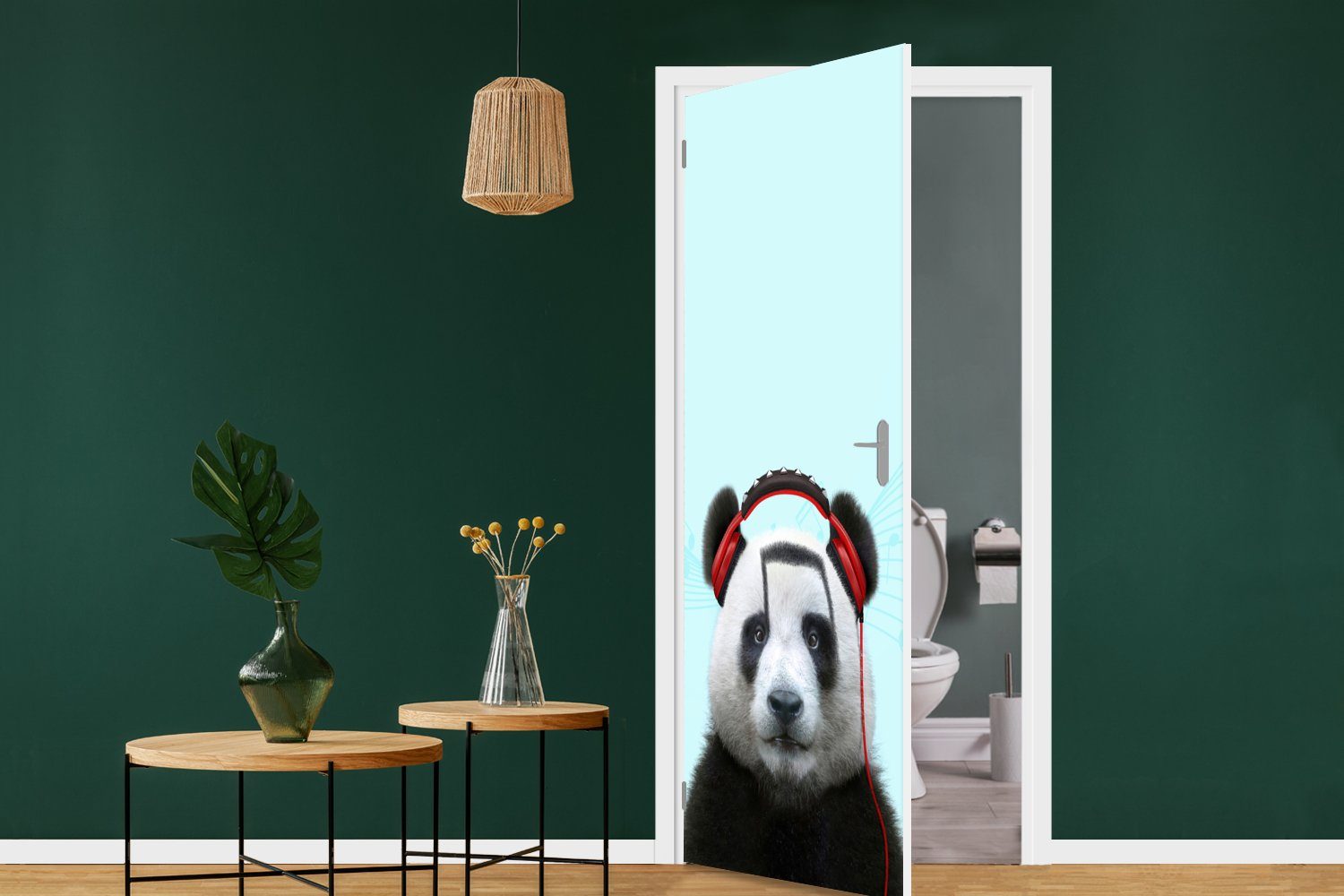 MuchoWow Türtapete Panda - Tür, Türaufkleber, 75x205 für Fototapete (1 - cm Matt, bedruckt, Kopfhörer Rot, Tier St), - - Musiknoten
