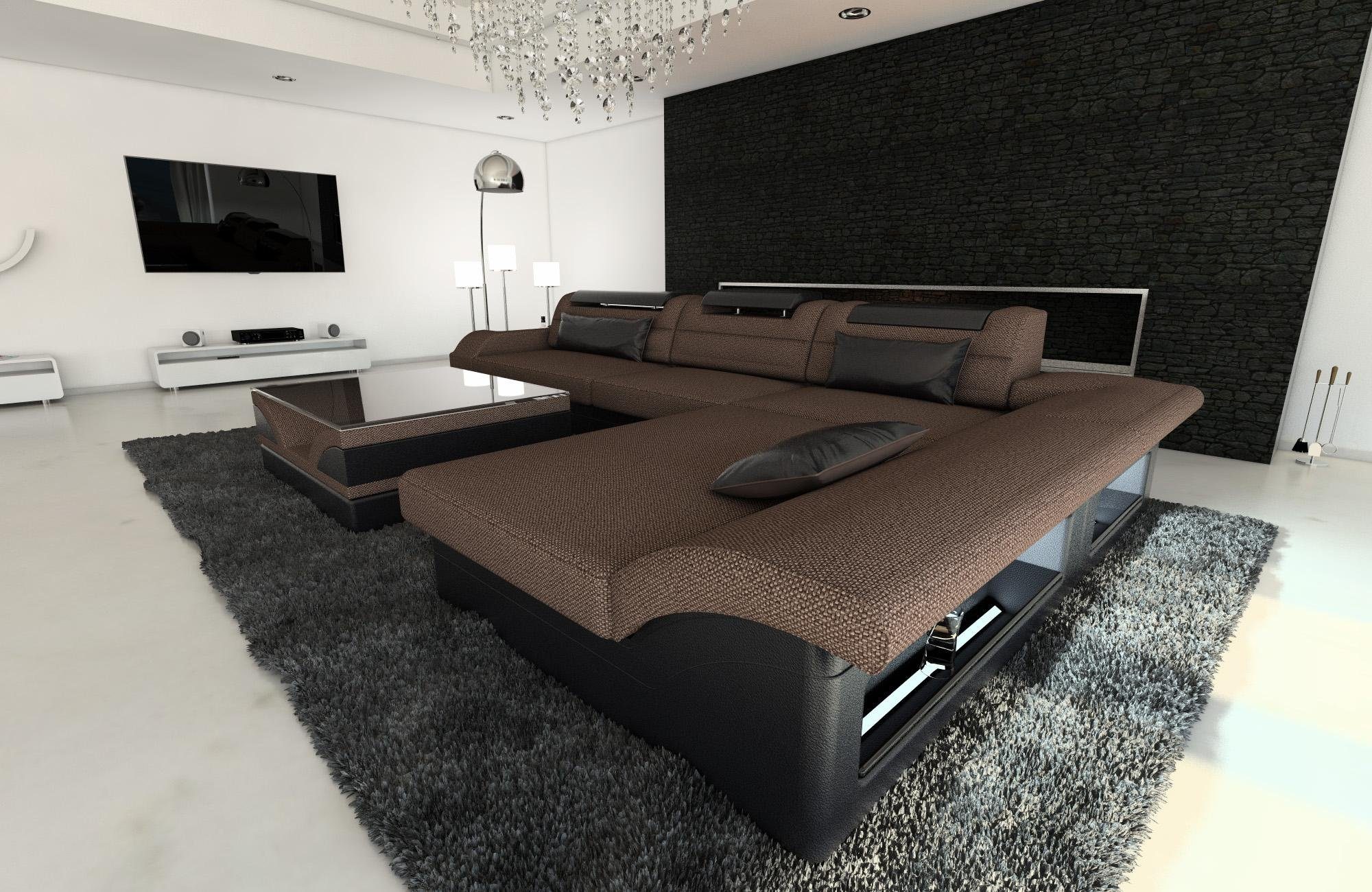 Braun-Schwarz Dreams Monza Bettfunktion, mit Stoff Ecksofa Couch L LED, Form, Stoffsofa Sofa H8 Polstersofa ausziehbare Designersofa