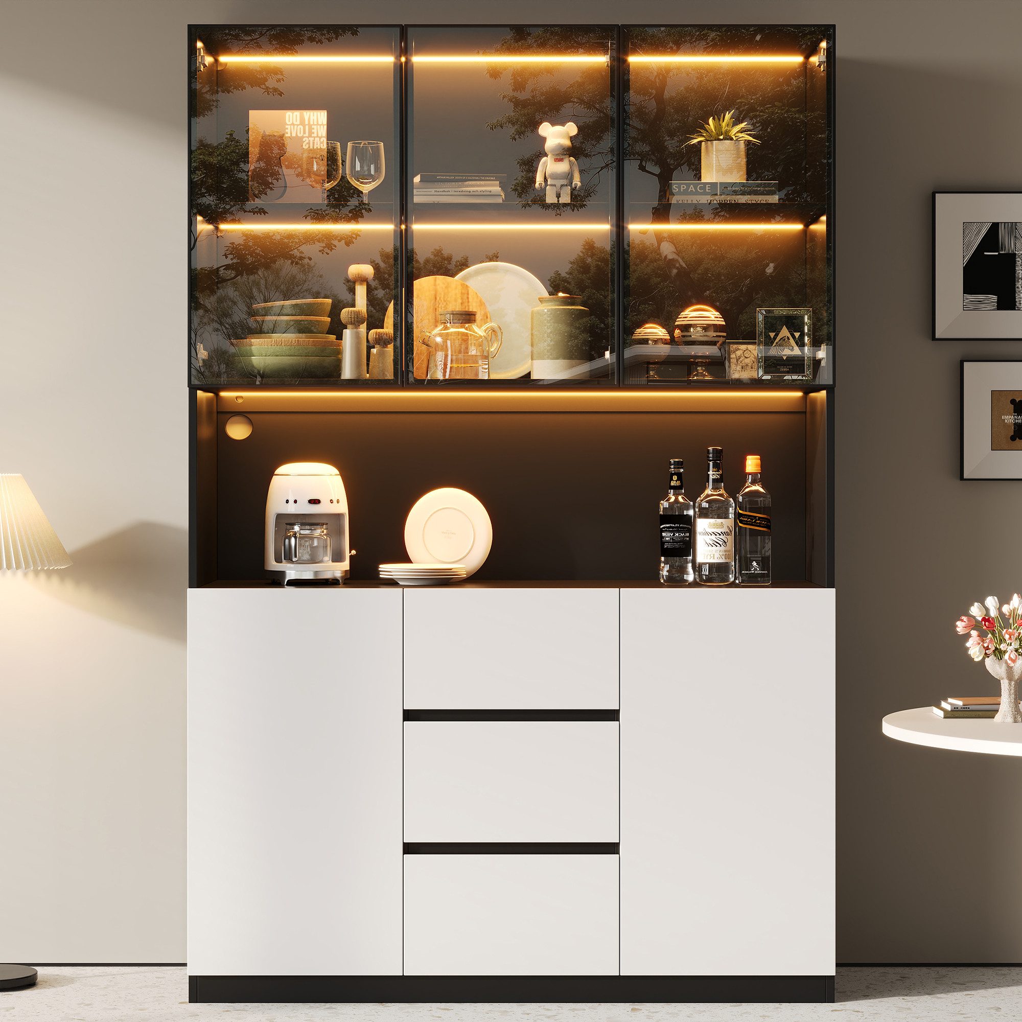 MODFU Vitrine Hochglanz-Sideboard 120x200x40 cm in Weiß (Packung, 1-St., Kombination aus offenen Fächern & Stauraum) LED-Beleuchtung, Glastüren & Schubladen