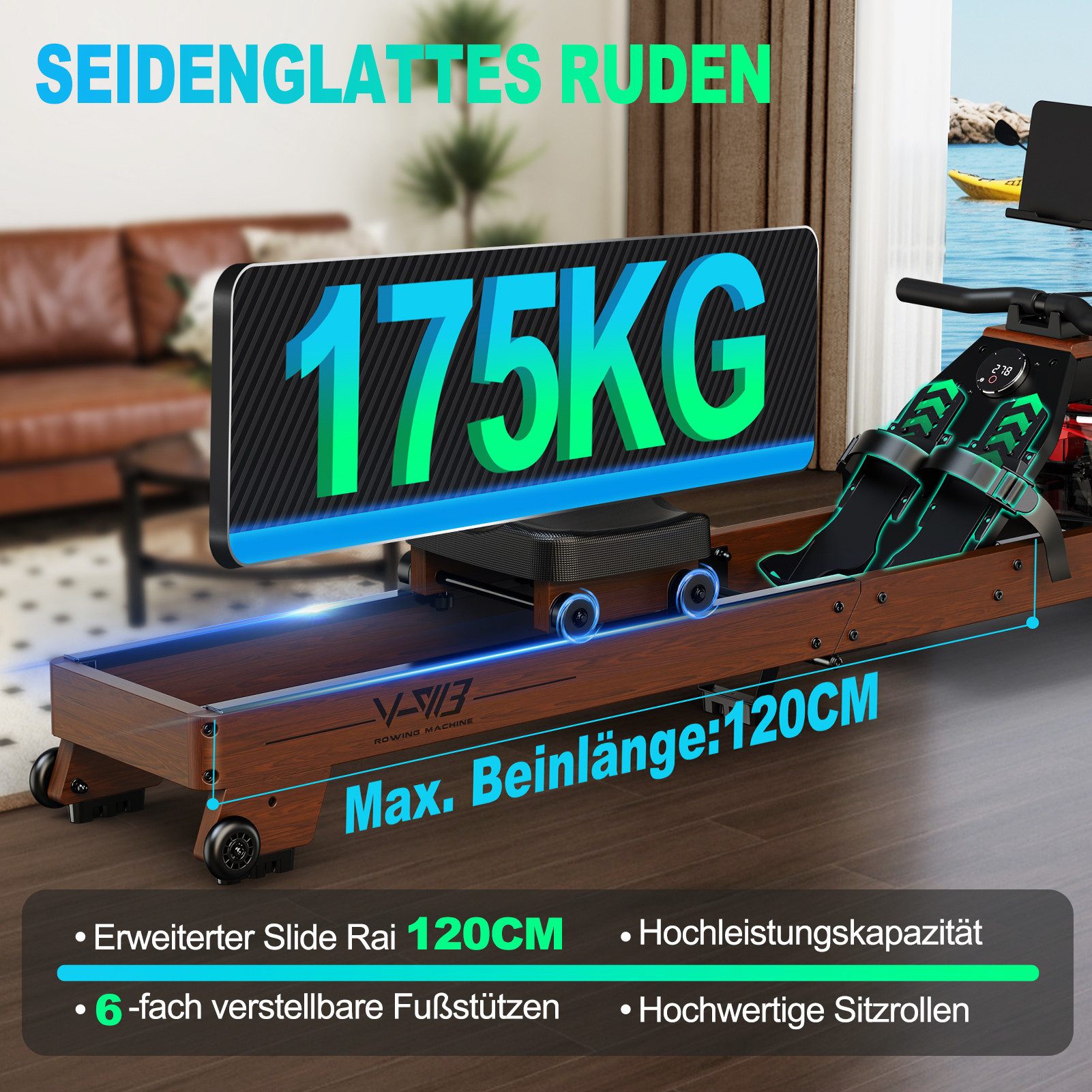 VOWVIT Rudergerät für Zuhause, mit Hochwertigen Holzdesign, Bluetooth (1-tlg), Geeignete Benutzergröße von 1.2 m bis 2 m, 175 KG Gewichtsbelastung
