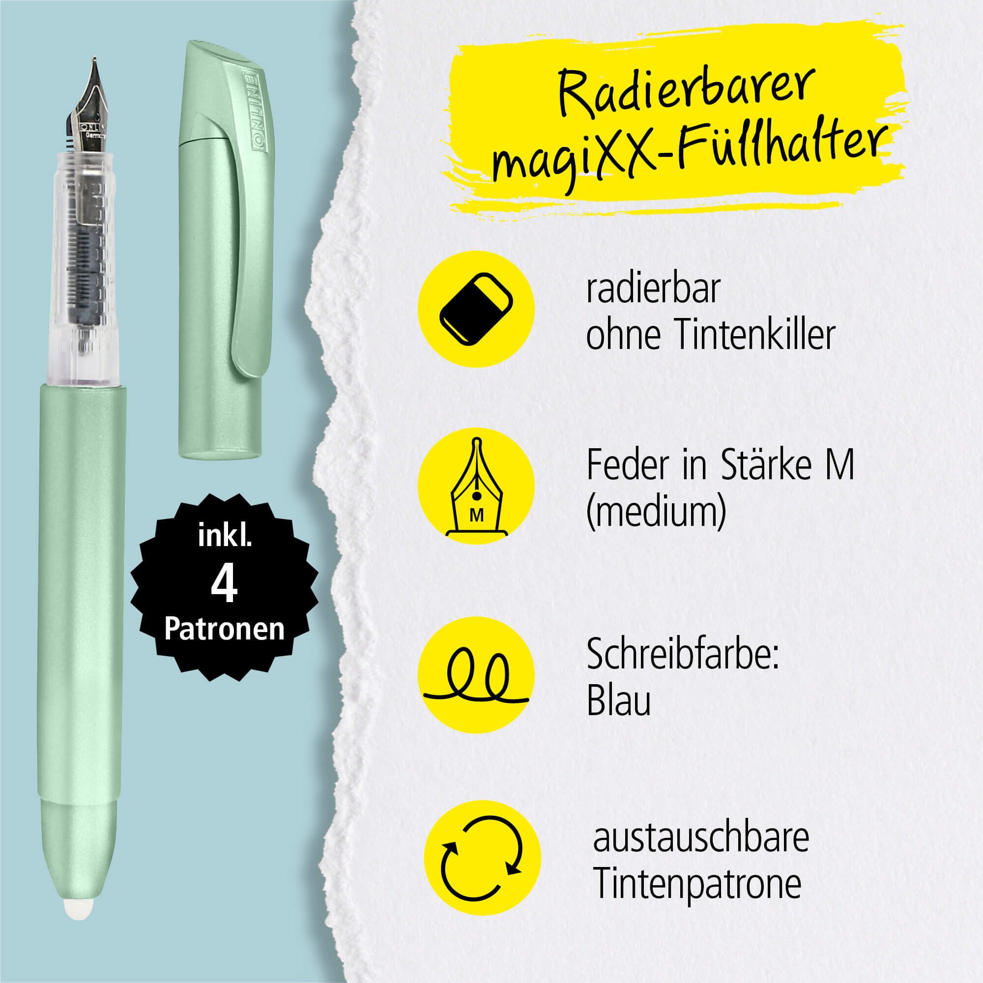 Online Pen Füller magiXX Radierbarer Füller, (2-tlg), mit radierbarer, blauer Tinte, inkl. 4 magiXX Patronen, Vorteilspack – Bild 2 von 5