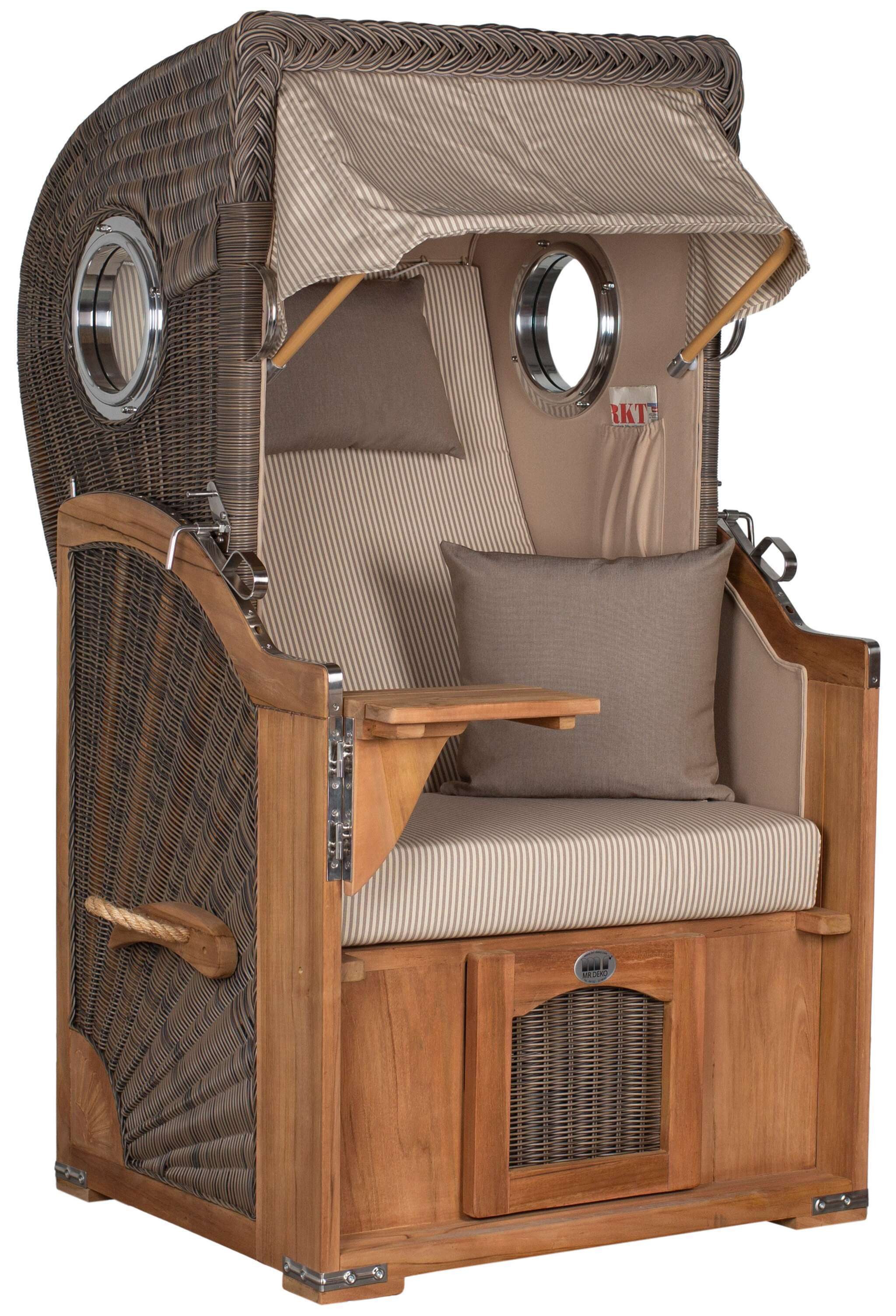 MR.DEKO Strandkorb Düne Single 1-Sitzer Bullauge Teak PE-Geflecht Grey 96x165x80, BxTxH: 96x80x165 cm, Vollieger, Düne Single, (Fertig montierter Strandkorb für Garten, Terrasse & Balkon, 1-tlg), Wetterfester Volllieger mit Edelstahlbeschlägen & waschbaren Polstern