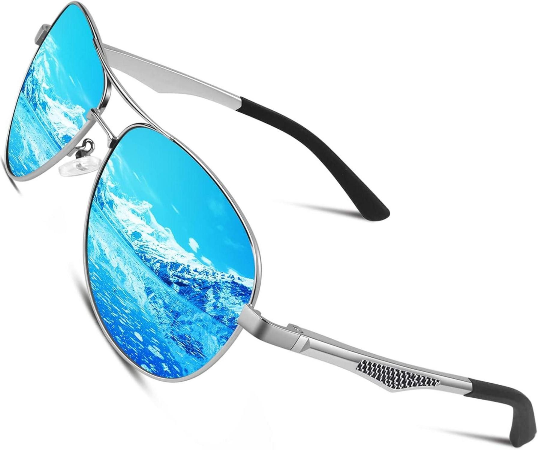 Pilotenbrille Herren Sonnenbrille Polarisierte Piloten Metall Rahmen Silber Blau