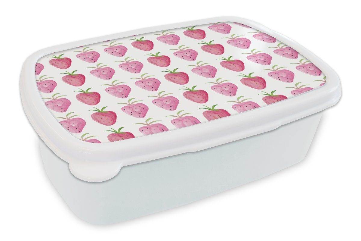 MuchoWow Lunchbox Erdbeere - Aquarell - Design, Kunststoff, (2-tlg), Brotbox für Kinder und Erwachsene, Brotdose, für Jungs und Mädchen weiß