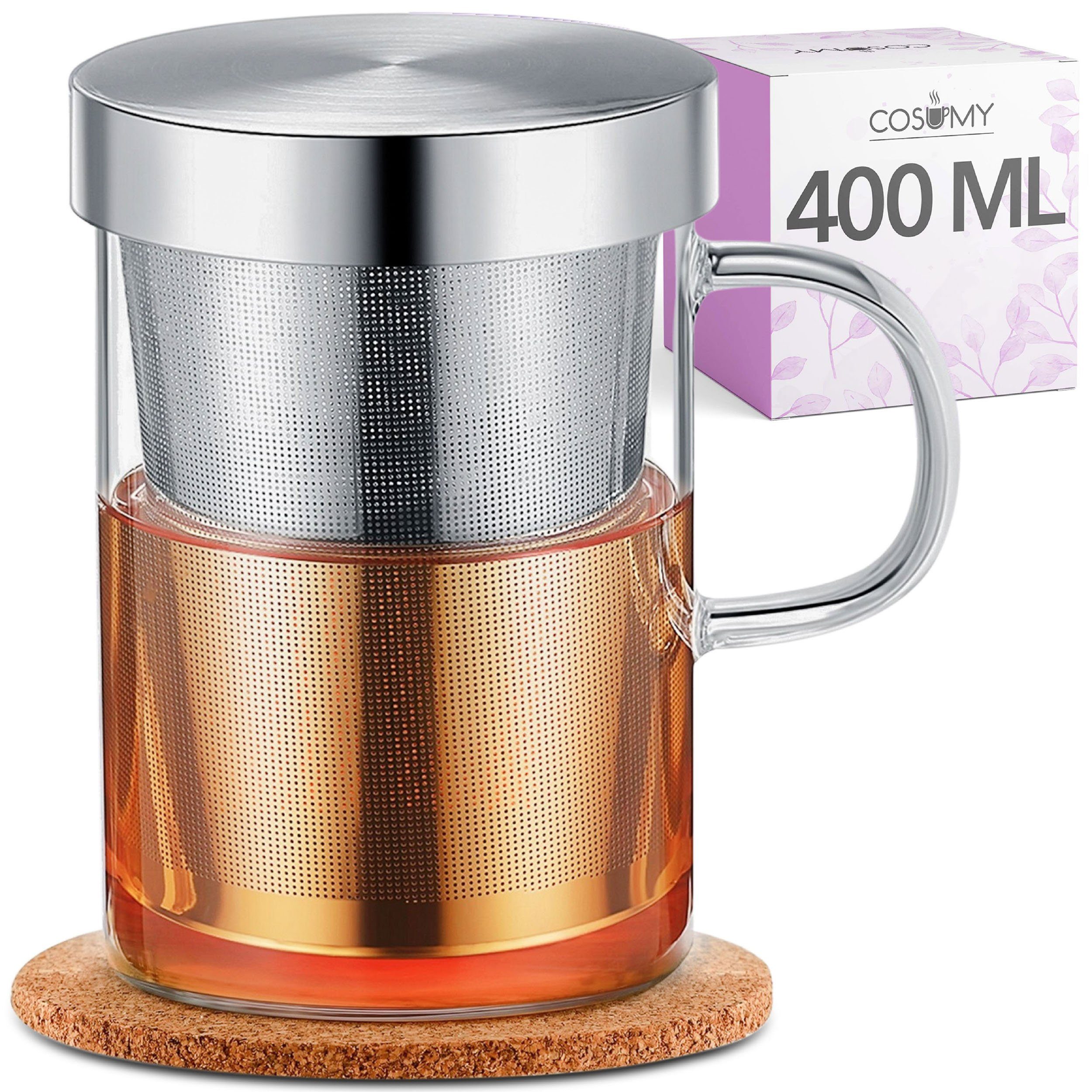 Cosumy Teeglas Teetasse mit Sieb und Deckel Cosumy, Glas, Cosumy Teetasse  mit Sieb und Deckel - inkl. Untersetzer - Borosilikat Glas - Tasse 400ml  Groß