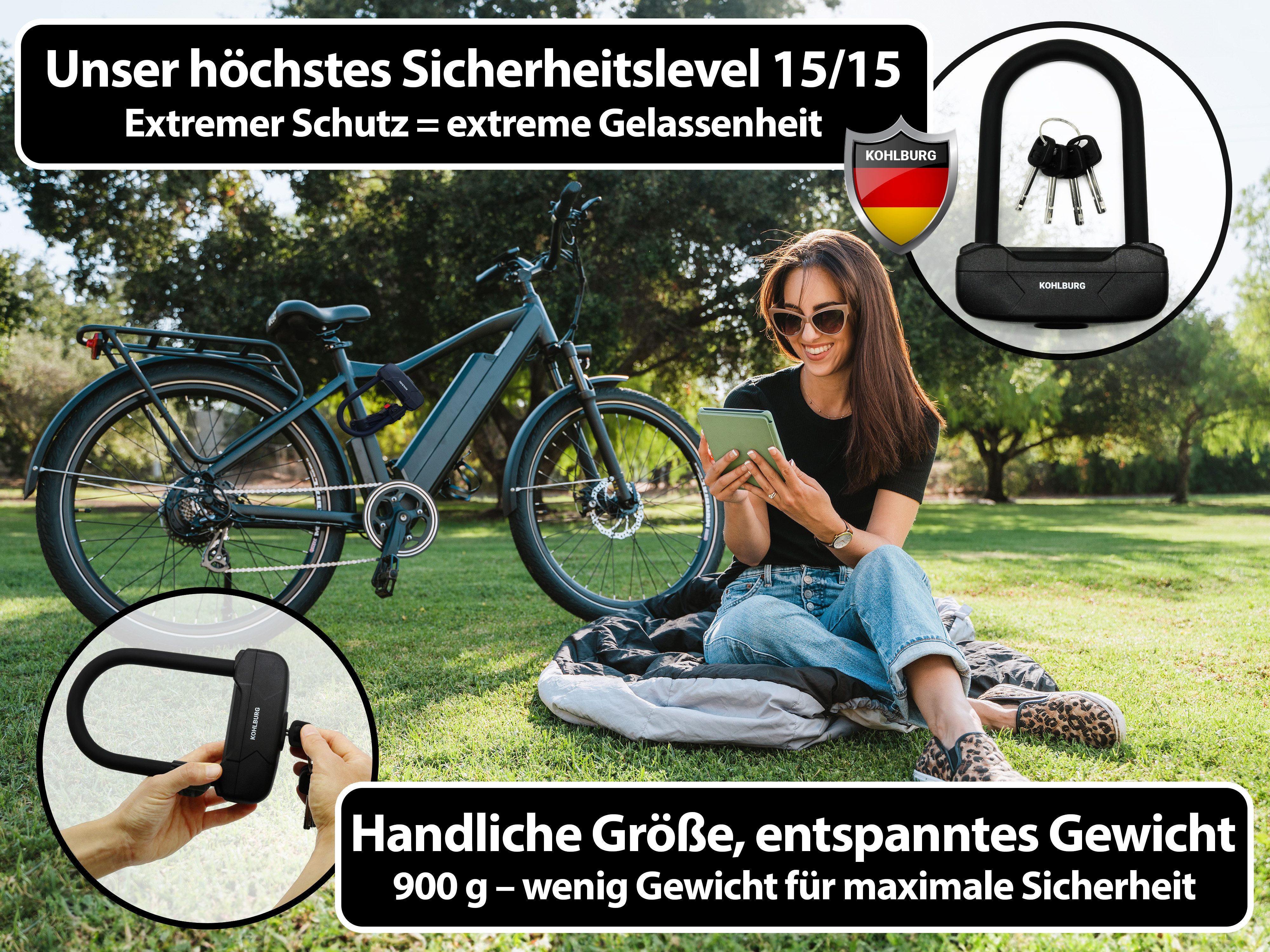KOHLBURG Bügelschloss [klein & 900g leicht] Fahrradschloss Level 15/15 mit 4 Schlüsseln, Fahrradschloss hohe Sicherheit für Fahrrad, eBike & eScooter