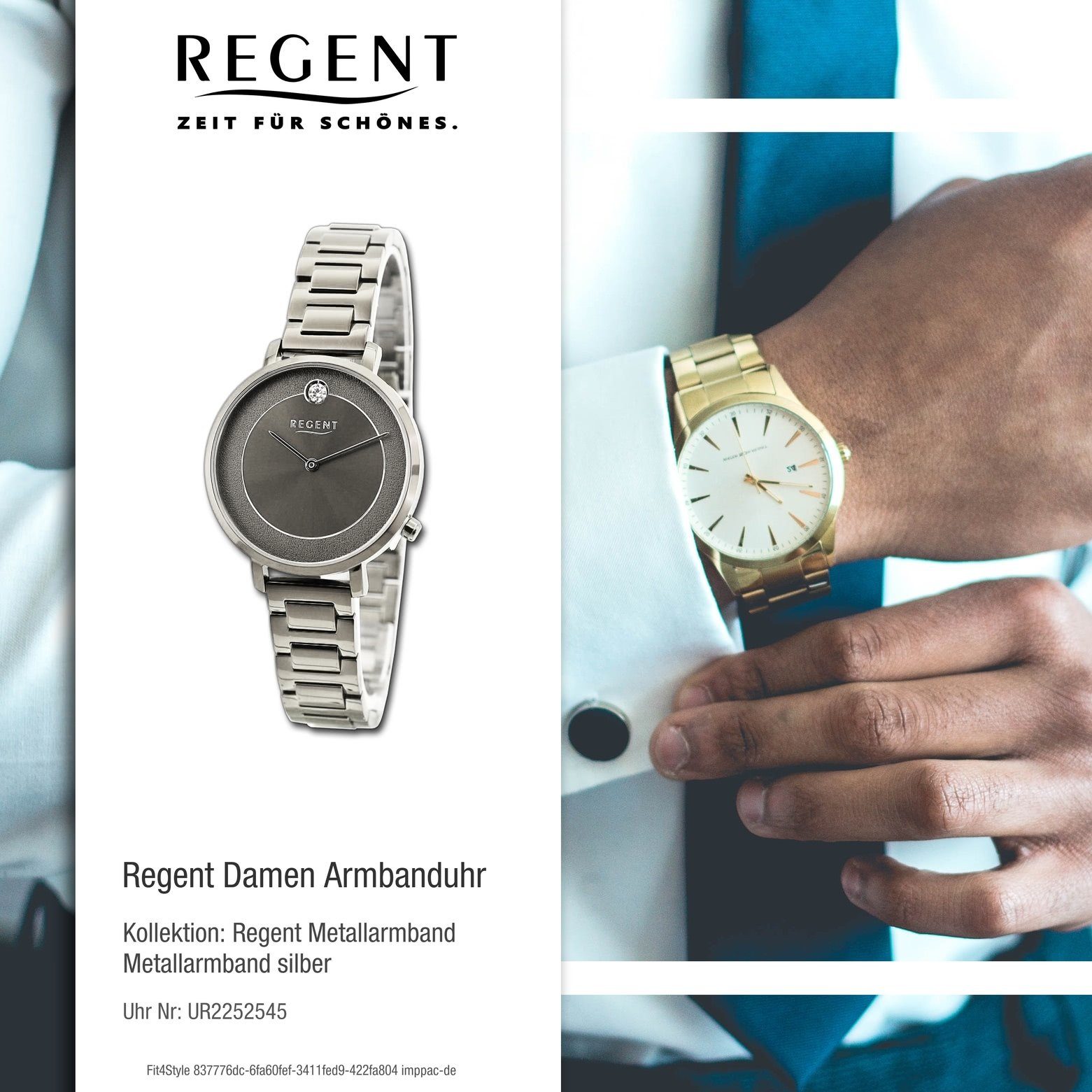 Regent Quarzuhr Regent Damen rund, groß Analog, 35mm), (ca. Damen extra Metallarmband Armbanduhr Armbanduhr