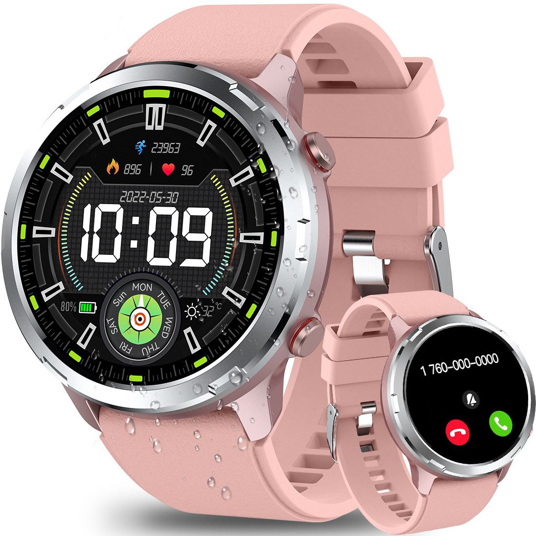 MOPUEA Smartwatch Damen & Herren mit Anruf, IPX8, Fitness & 1,32“ Display Smartwatch (3.35 cm) Smartwatch, Smartwatch mit Anruffunktion Fitness Tracking und IPX8 Schutz, Bluetooth Anrufe IPX8 wasserdicht Fitness Tracking 1,32 Zoll Display