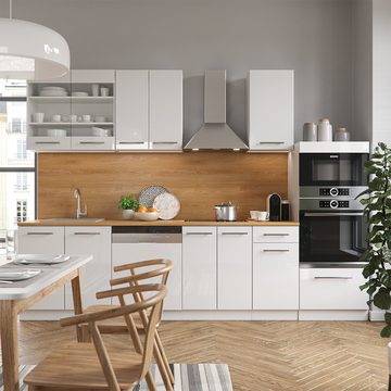Livinity® Küchenzeile Fame-Line, Weiß Hochglanz/Weiß, 300 cm mit Hochschrank, AP Eiche