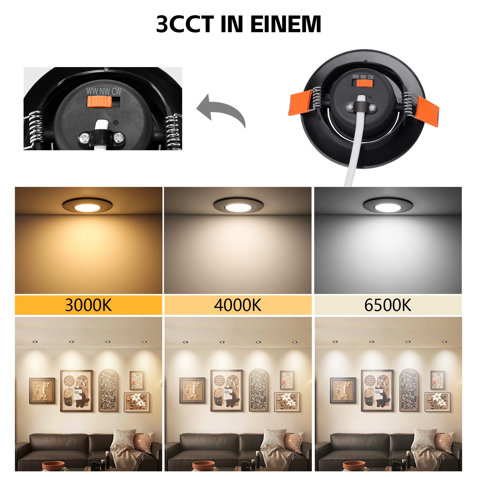 GeyouLux LED Einbaustrahler Dimmbar 68-80mm 4.9W Ultra Flach LED Spots, 45°Schwenkbar, warmweiß, neutralweiß, kaltweiß, Deckenspots, Einbauleuchten Küche Spots  – Bild 5 von 5