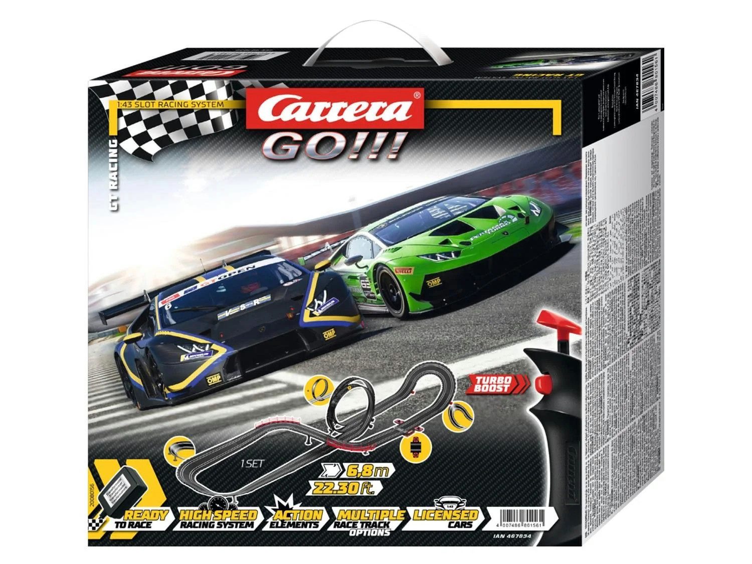 Carrera® Autorennbahn Carrera GO!!! GT Racing Autorennbahn 1:43 6,8 Ready to Race (Streckenlänge 6.8 m), (Set, 64-tlg., Ready to Race), Mit 2 Fahrzeugen, Looping, Fly-Over, Steilkurve & Rundenzähler