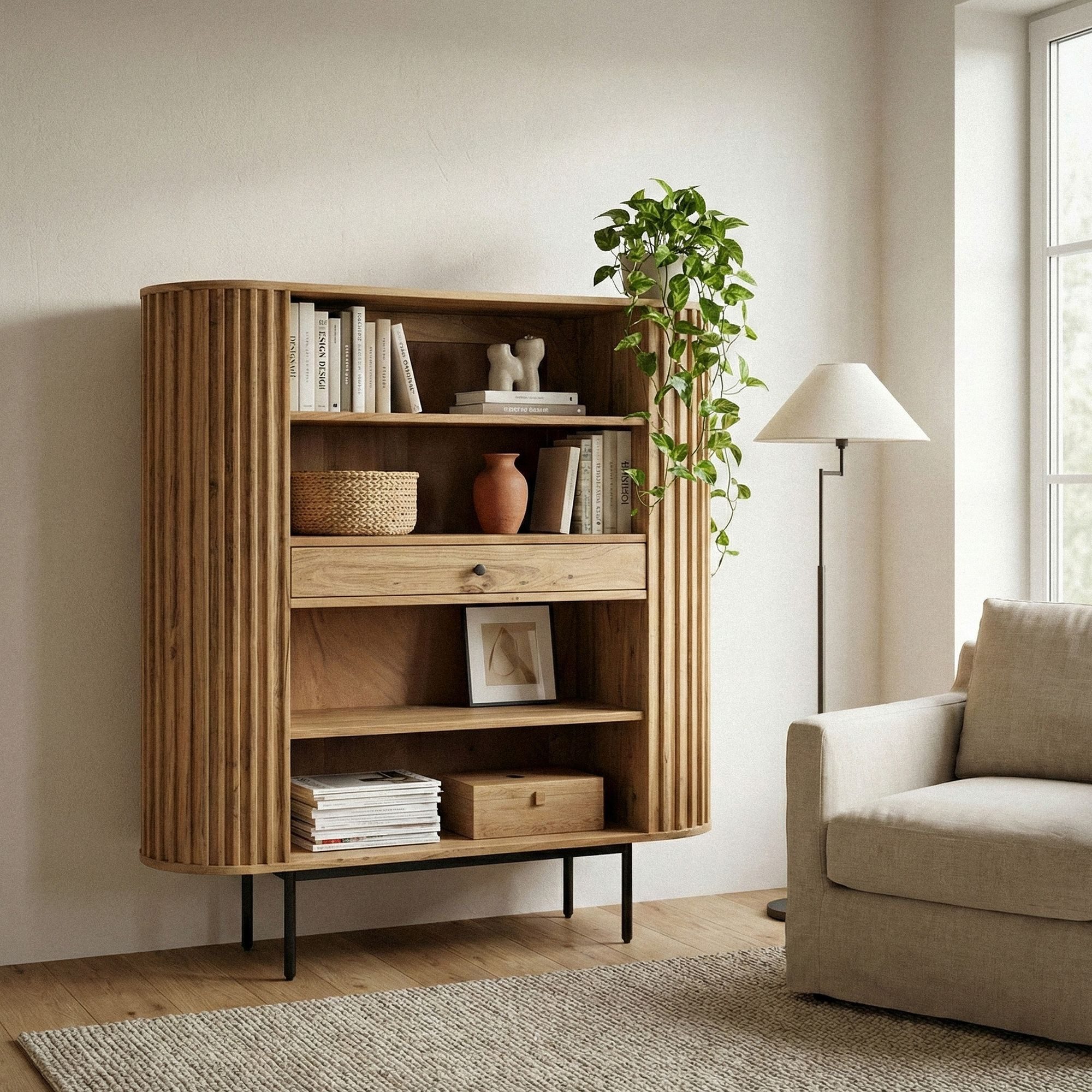 Wohnling Bücherregal WL7.014 Standregal Massivholz 105cm Wohnregal Standregal Stauraumregal, Funktionale Aufbewahrung im zeitlosen Look, Natürliches Möbelstück mit klarer Linienführung