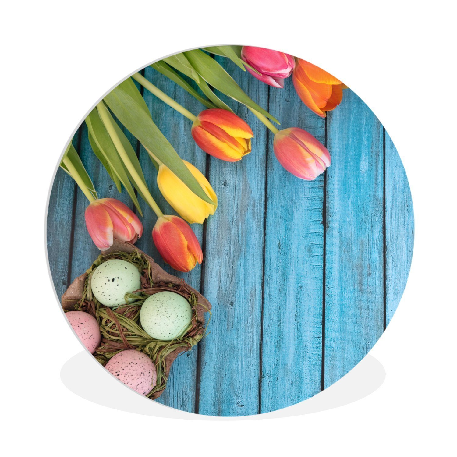 MuchoWow Gemälde Ostereier und bunte Tulpen zu Ostern auf einem hölzernen Hintergrund, (1 St), Kreis Wanddekoration Forex, Rundes Wandbild, Wohnzimmer, 30x30 cm