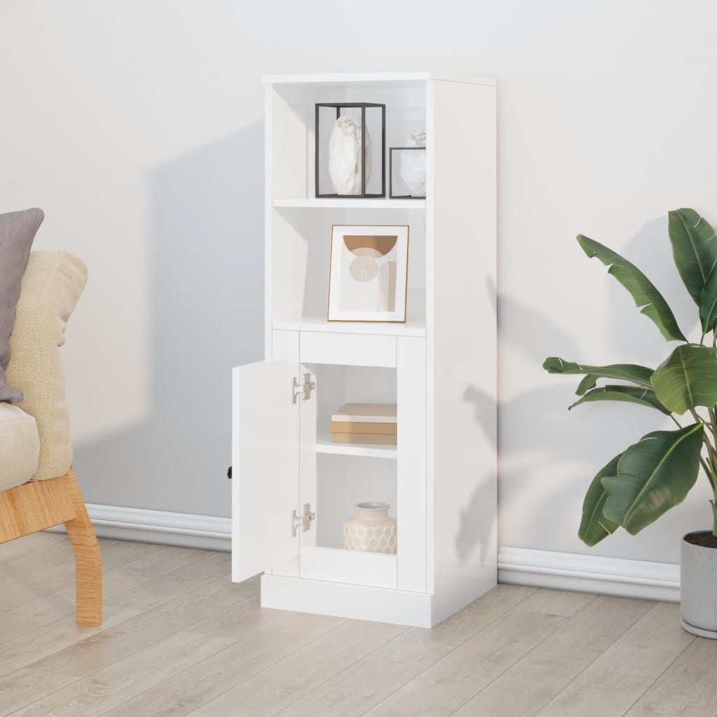 furnicato Highboard Sideboard 36 x 35,5 x 103,5 cm Hochglanz-Weiß aus Holzwerkstoff (1 St), Stabile Kommode mit viel Stauraum und inkludierter Wandhalterung