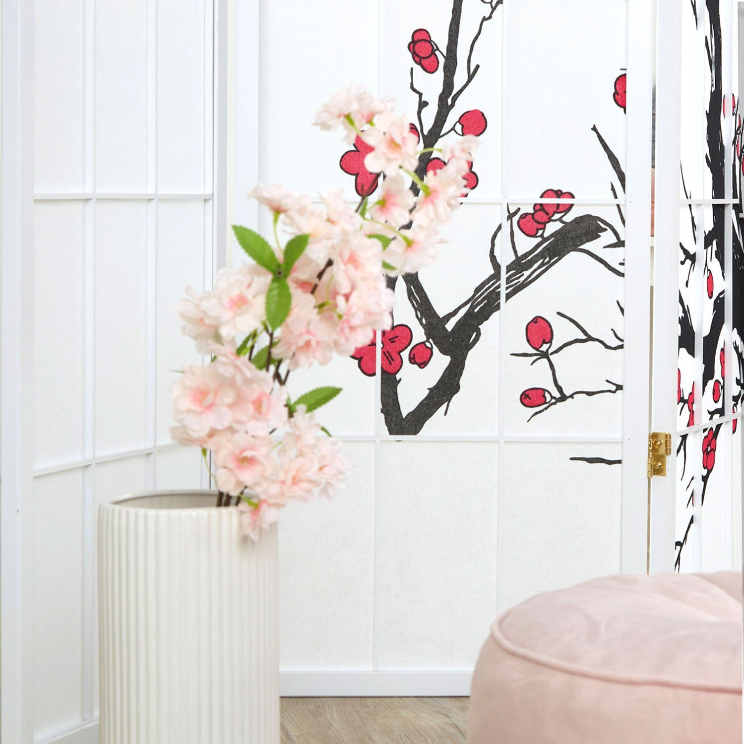 Homestyle4u Paravent 6tlg Raumteiler Kirschmuster Kirschblüten weiß