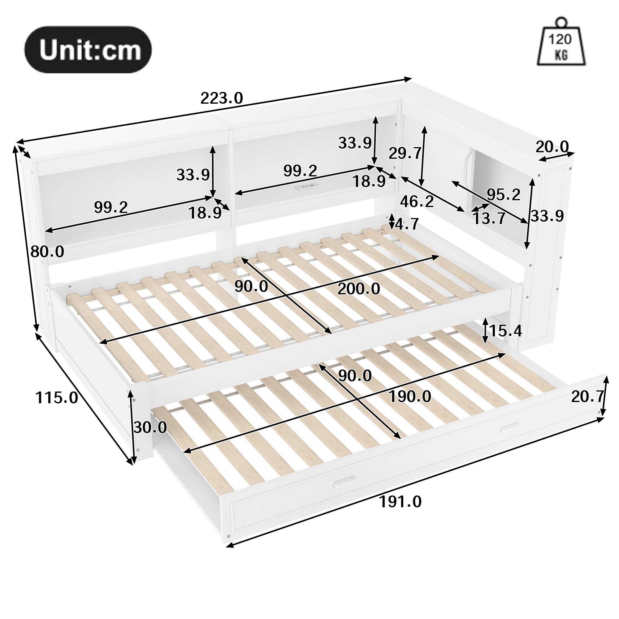 Ulife Daybett mit ausziehbarem Bett,LED-Leuchten, Steckdose, 90 x 200 cm,1 USB-Anschlüssen, 1 Typ-C ausgestattet,Weiß