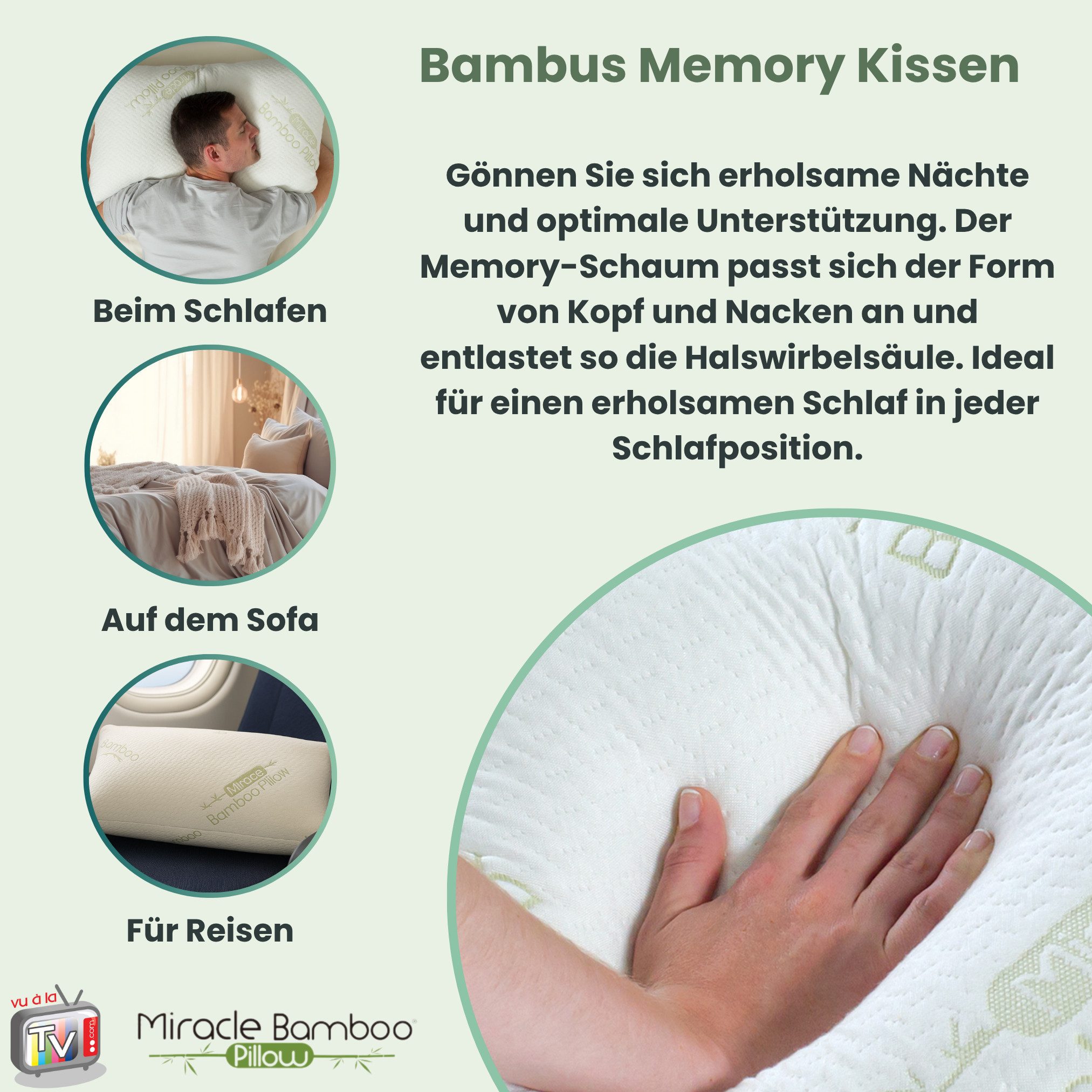 Venteo Naturfaserkopfkissen MIRACLE Bamboo Pillow mit Bambusfaserbezug, Füllung: viskoelastischer Schaum, Bezug: Bambusfaser, Spar-Set, 1er oder 2er Set, für Al – Bild 4 von 5