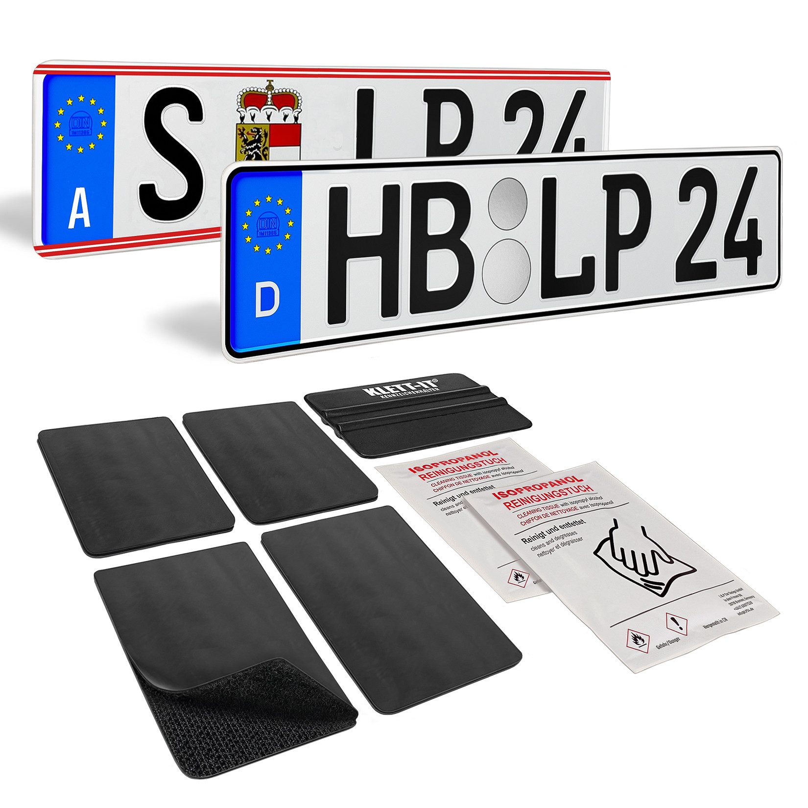 L & P Car Design Kennzeichenhalter Kennzeichenhalter rahmenlos Auto Motorrad Roller 4 Stück 10cm x 5,5cm, (2 Paar (4x Klett / 4x Flausch)