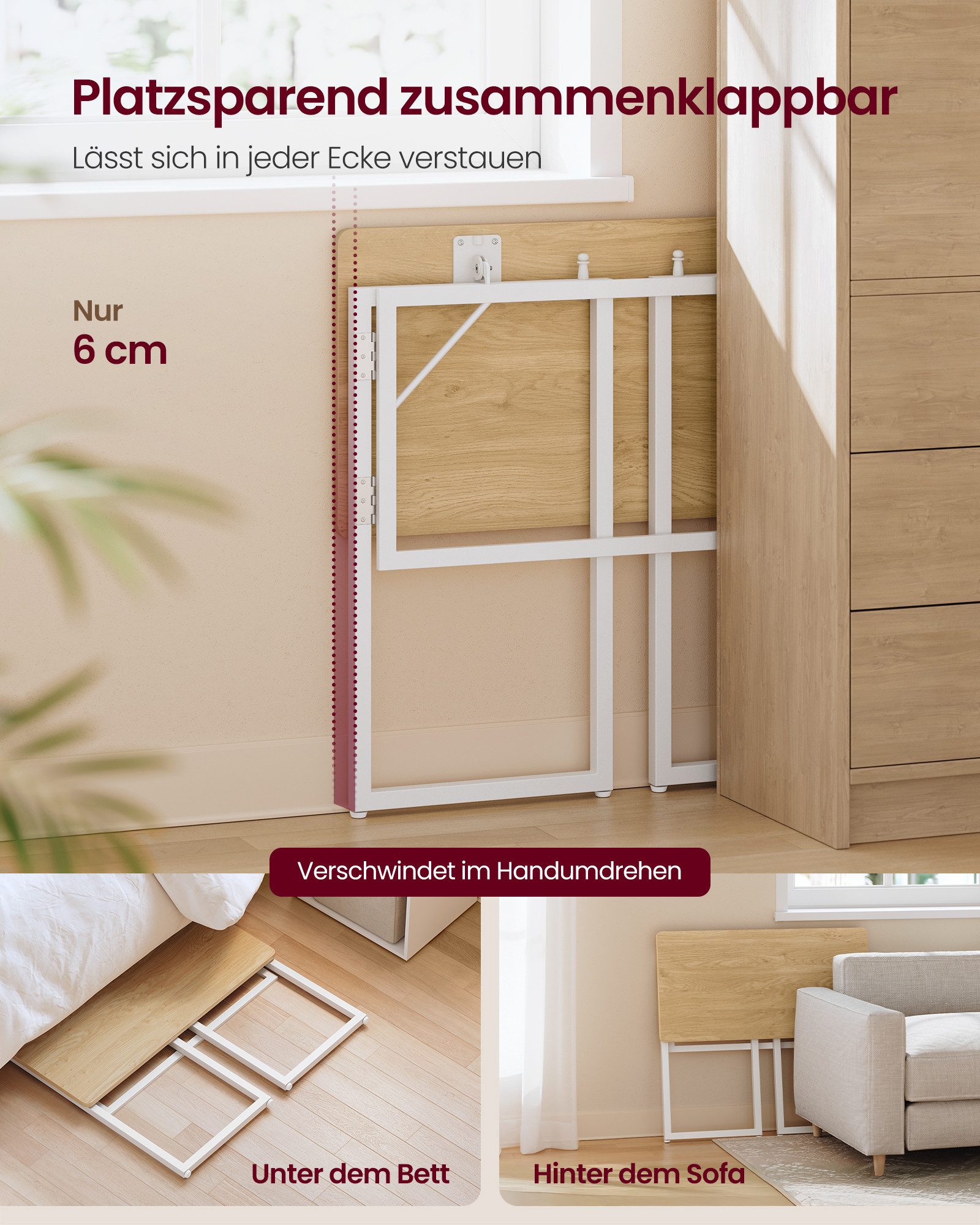 VASAGLE Schreibtisch Klapptisch, kleiner Schreibtisch klappbar, Computertisch, Tischplatte aus einem Stück, abgerundete Ecken, Tisch